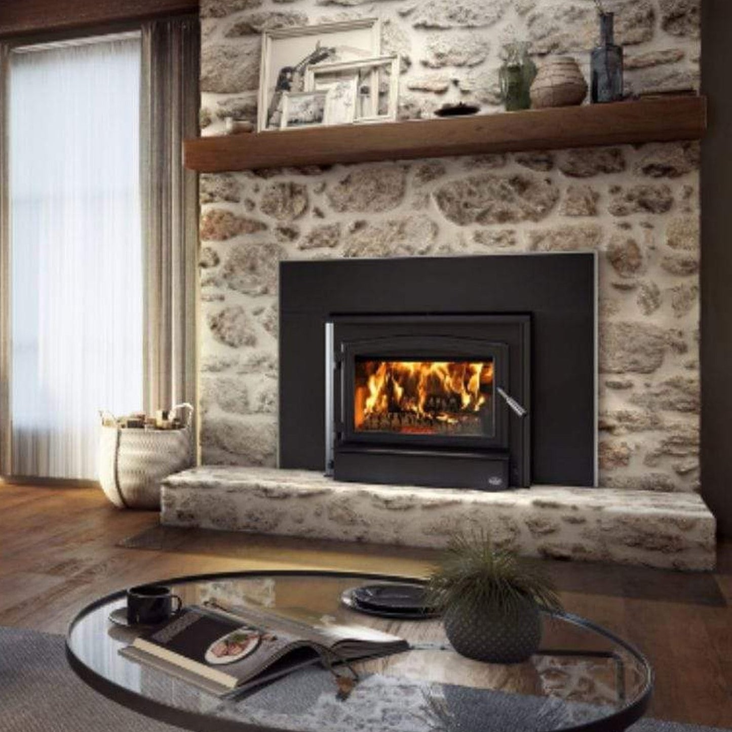 Osburn 3500 Wood Insert With Black Door Overlay, Faceplate & Brushed Nickel Large Faceplate Trims