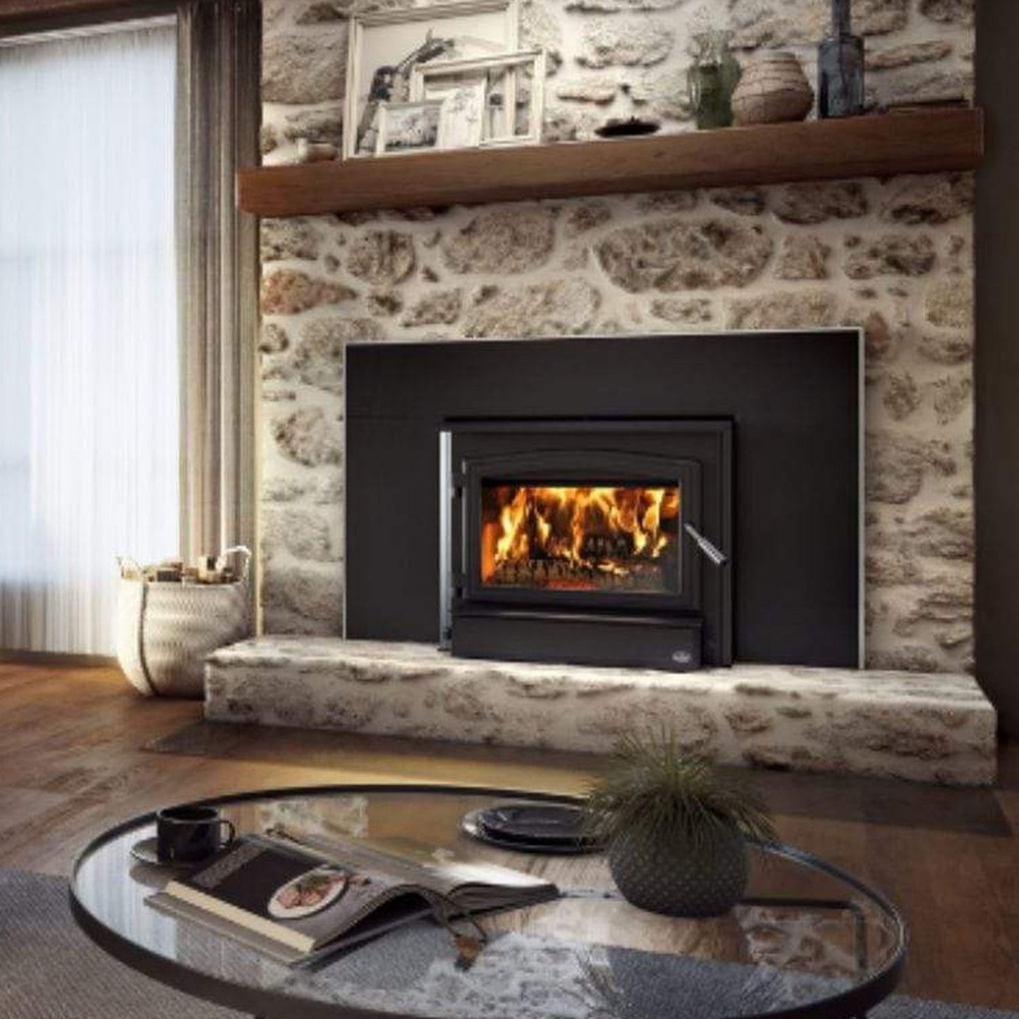 Osburn 3500 Wood Insert With Black Door Overlay, Large Faceplate & Brushed Nickel Faceplate Trims