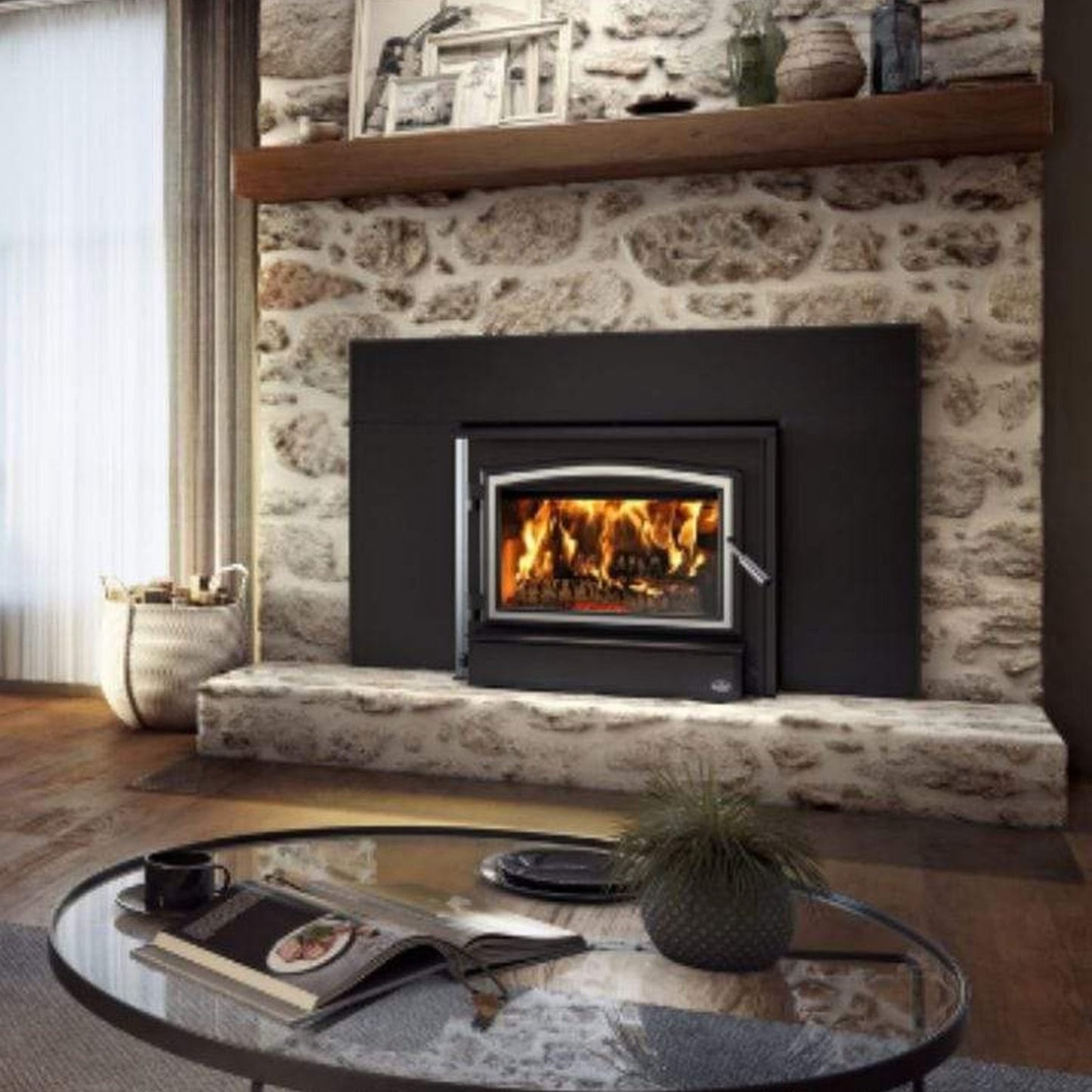 Osburn 3500 Wood Insert With Brushed Nickel Door Overlay, Faceplate & Black Faceplate Trims