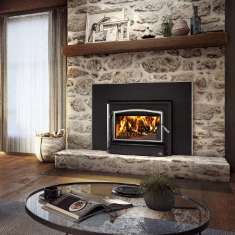 Osburn 3500 Wood Insert With Brushed Nickel Door Overlay, Faceplate, Brushed Nickel Faceplate Trims & Forever Flex Liner Kit