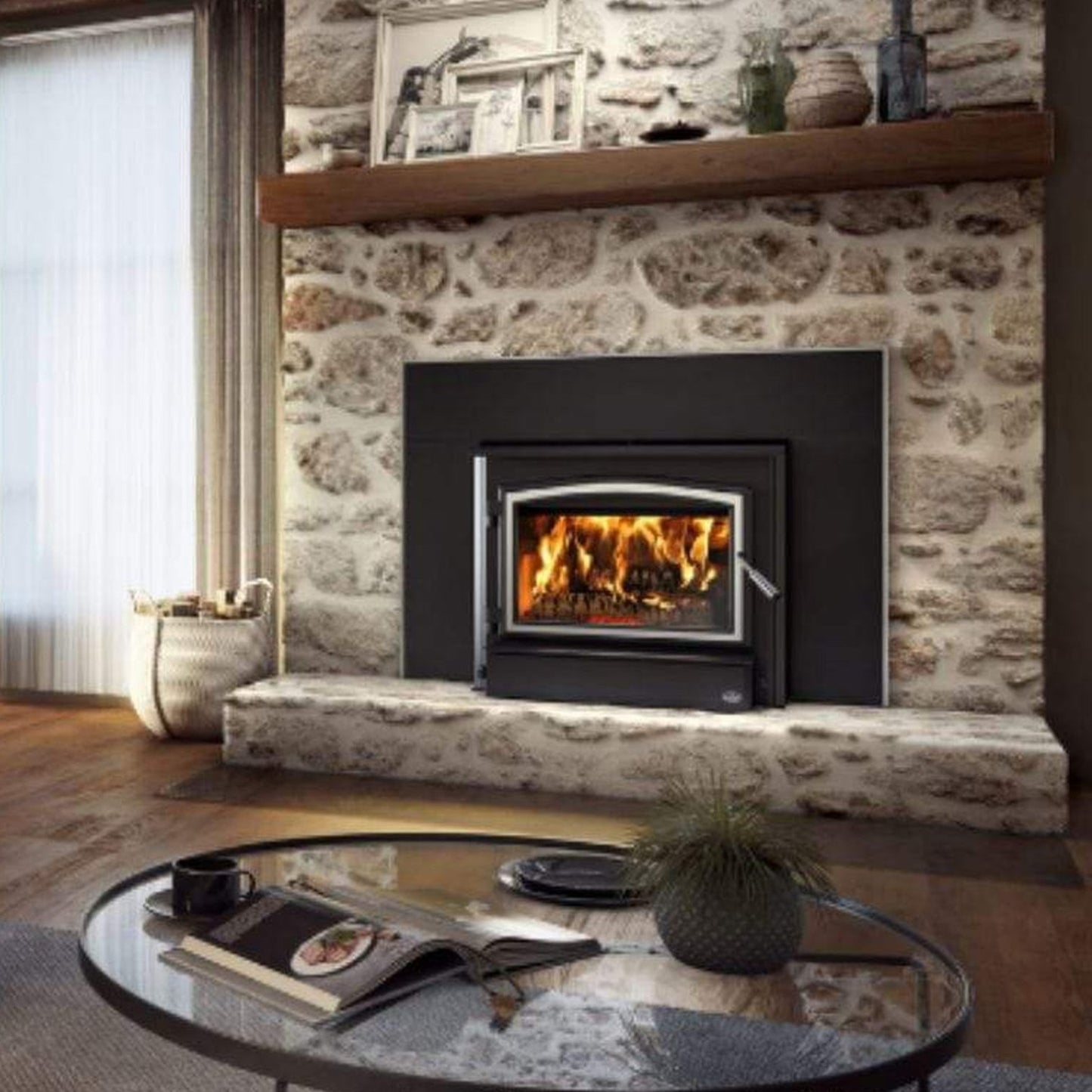 Osburn 3500 Wood Insert With Brushed Nickel Door Overlay, Large Faceplate & Brushed Nickel Faceplate Trims