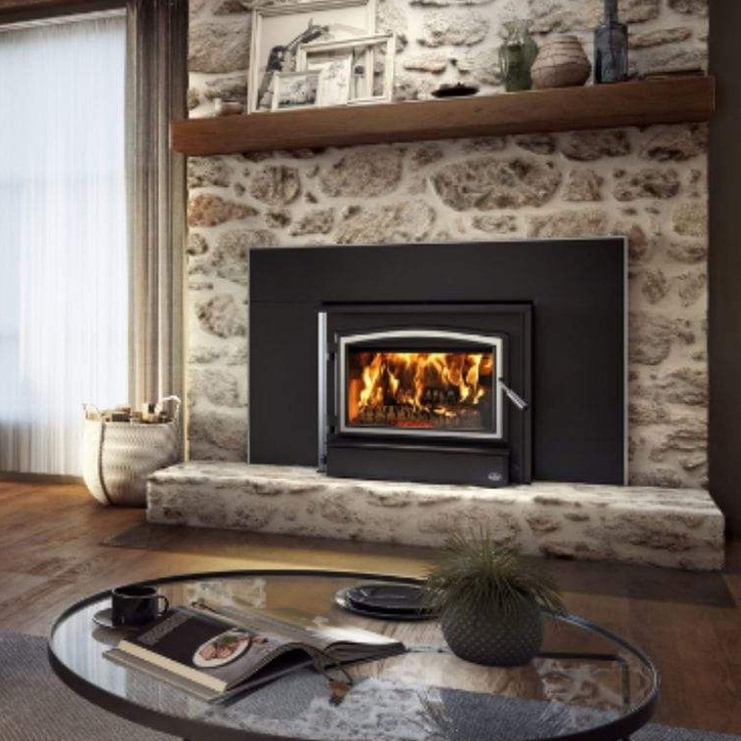 Osburn 3500 Wood Insert With Brushed Nickel Door Overlay, Faceplate & Brushed Nickel Large Faceplate Trims