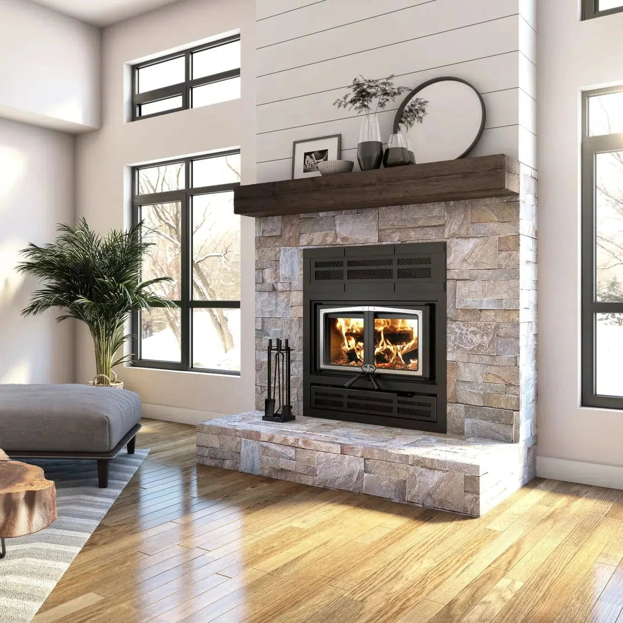 Osburn Everest II Wood Fireplace With Brushed Nickel Door Overlay, Modern Faceplate & 4 Length of 6" x 36" Chimney