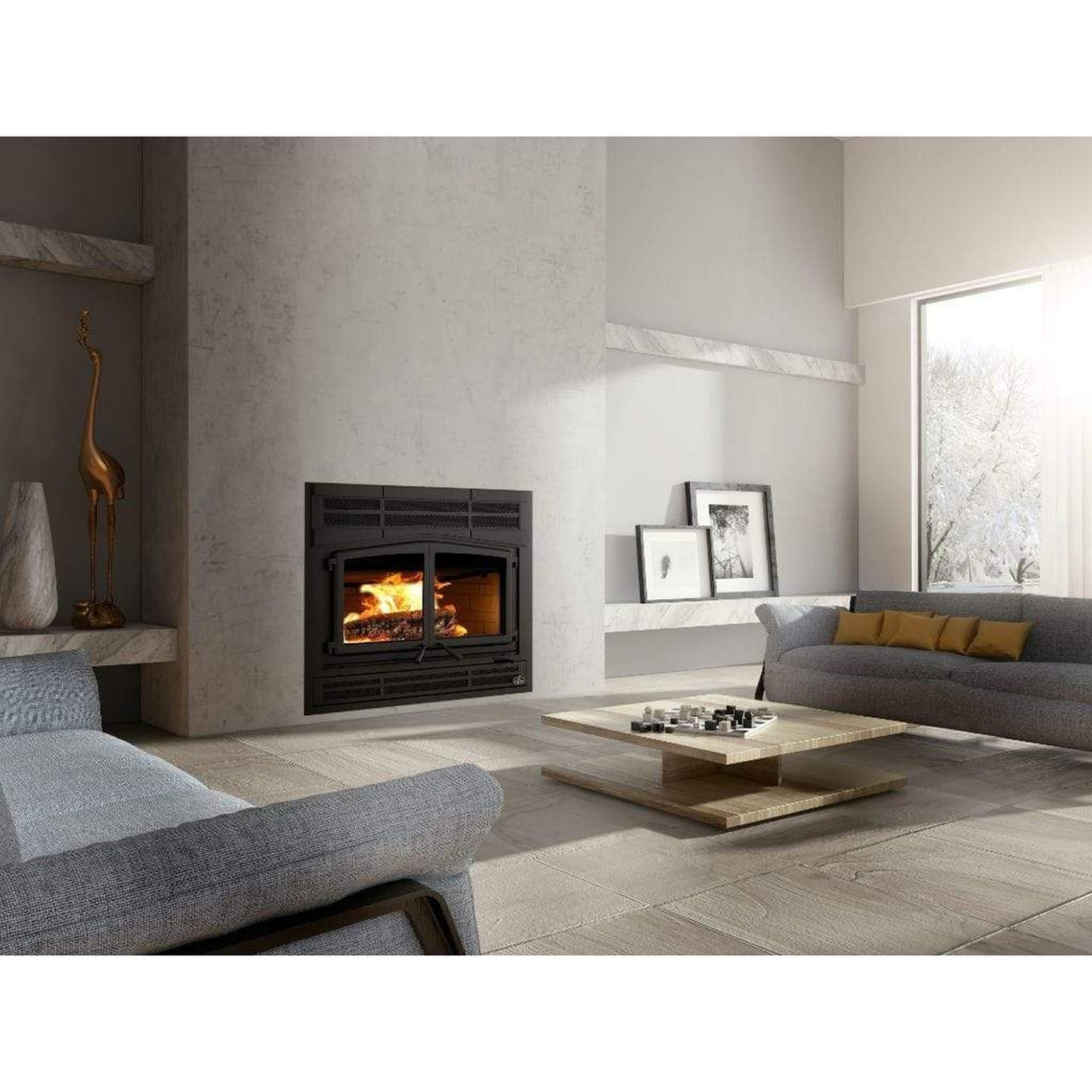 Osburn Horizon Wood Fireplace With Modern Faceplate & Classic Moulded Brick Panels