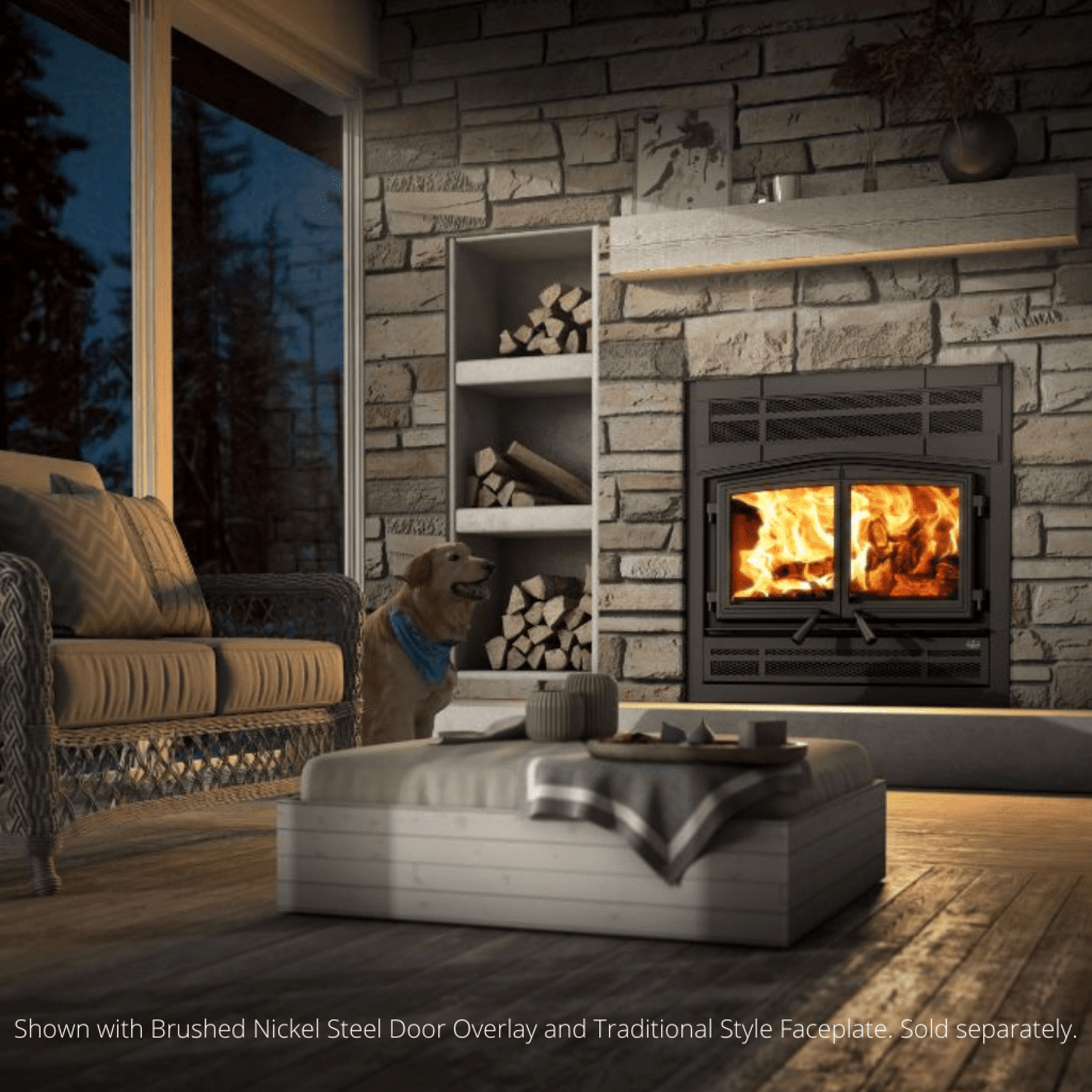 Osburn Stratford II Wood Fireplace With Black Door Overlay & Modern Faceplate