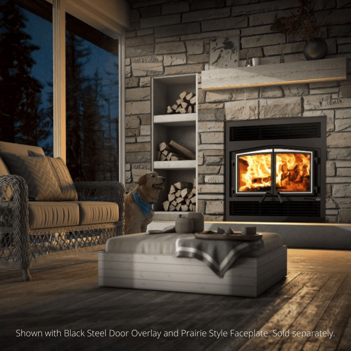 Osburn Stratford II Wood Fireplace With Brushed Nickel Door Overlay & Traditional Faceplate