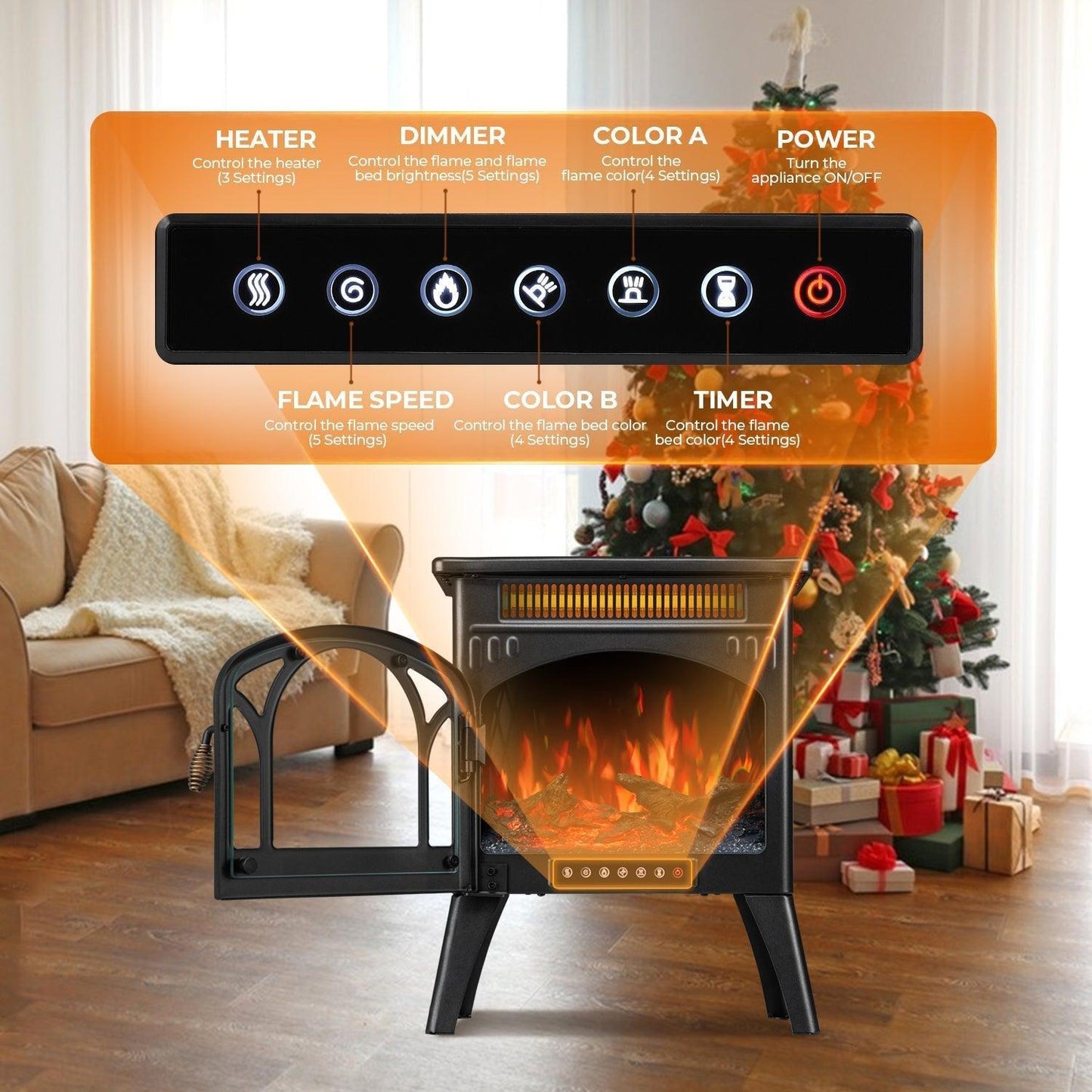 R.W.FLAME 17" Black 500W-1500W Freestanding Electric Fireplace Heater With Remote Control Adjustable Brightness and Heating Mode
