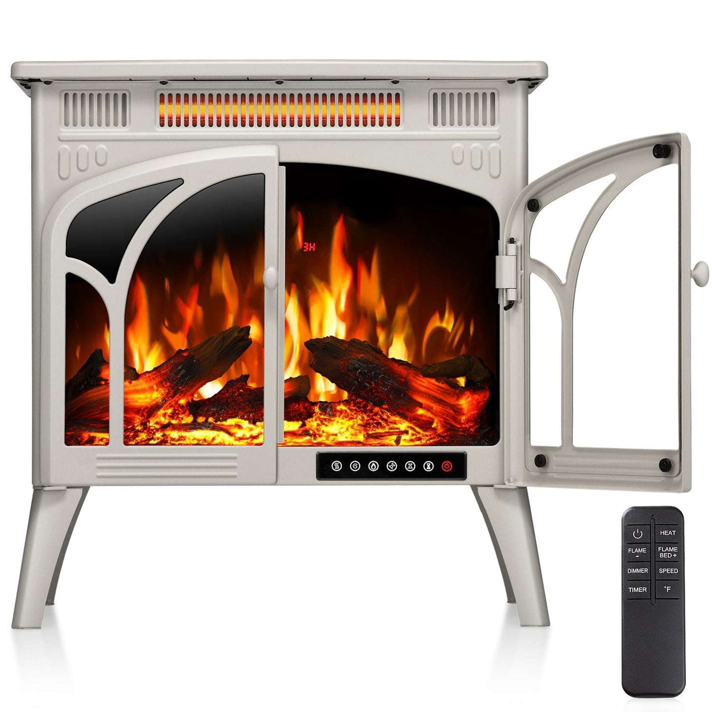 R.W.FLAME 24" Beige 500W-1500W Freestanding Electric Fireplace Stove With Controllable 3D-Flame, 4 Variable Flame and Log Colors
