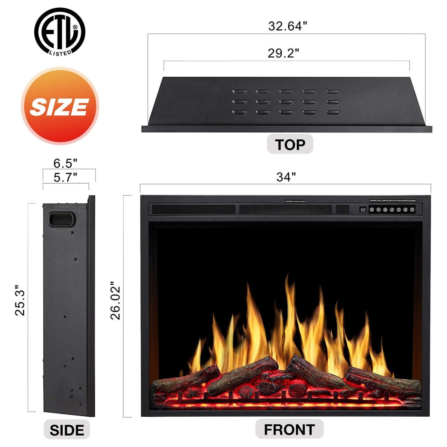 R.W.FLAME 34" Black 750W-1500W Infrared Electric Fireplace Insert With Logs, Touch Screen and Remote Control