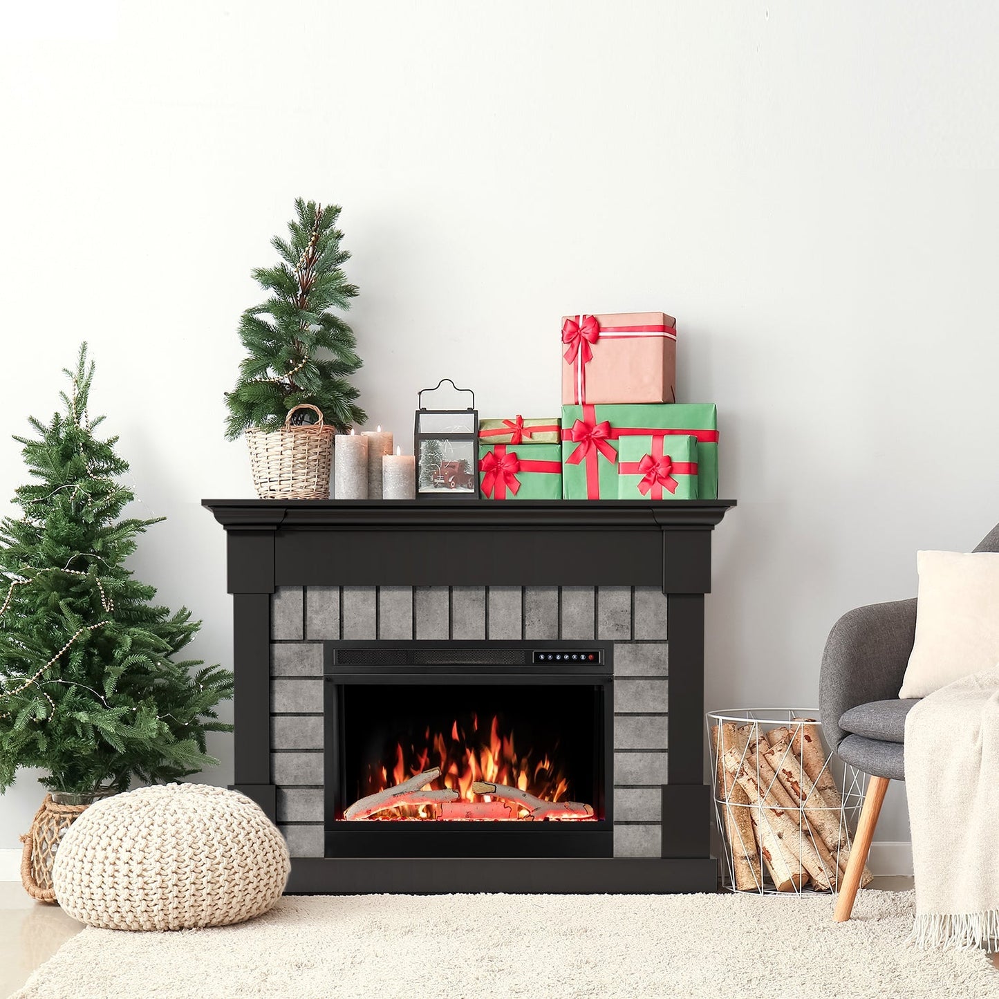 R.W.FLAME 50" Black Freestanding Wooden Mantel and Electric Fireplace With Adjustable Led Flame