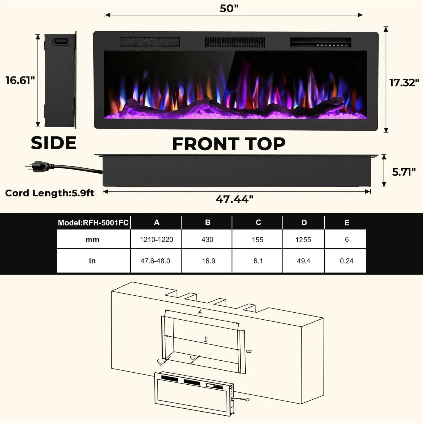 R.W.FLAME C6 Series 50" Black Recessed Wall-Mounted Alexa/WiFi Enabled APP Control Smart Electric Fireplace
