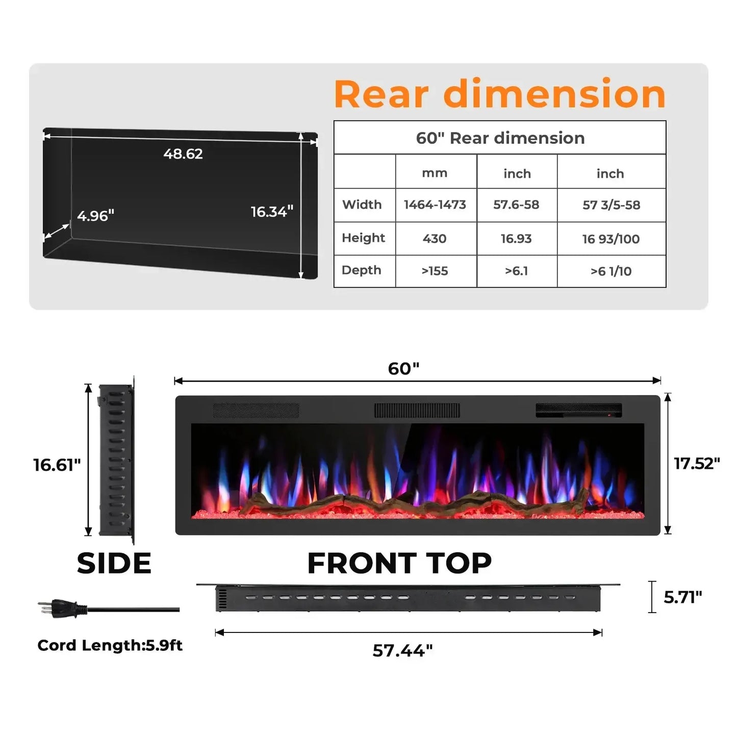 R.W.FLAME C6 Series 60" Black Recessed Wall-Mounted Alexa/WiFi Enabled APP Control Smart Electric Fireplace