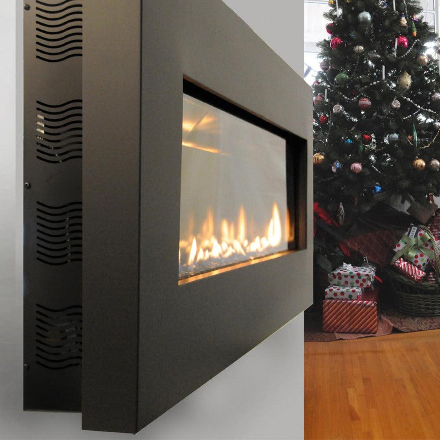 Spark Fireplaces Fire Ribbon 26BK 26" x 14" Black Finish Surround Direct Vent Slim Natural Gas Fireplace with Safety Screen