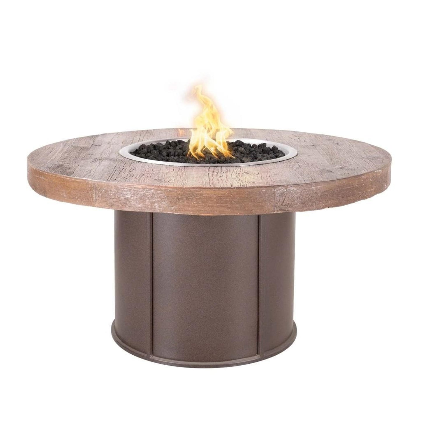 The Outdoor Plus 43" Fresno Wood Grain Concrete Top Round Fire Pit Table - Flame Sense with Spark