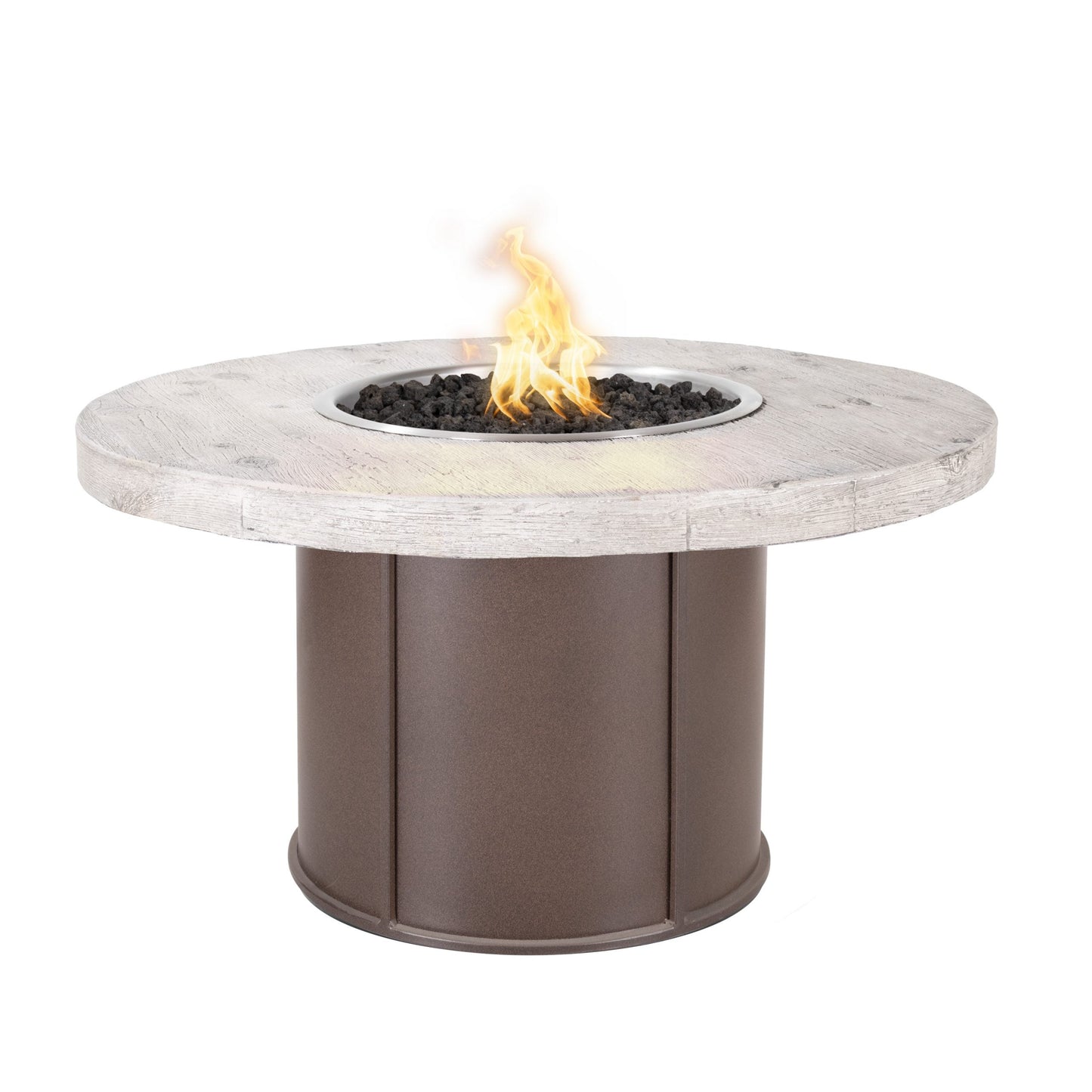 The Outdoor Plus Fresno 60" Ebony Concrete Top & White Powder Coat Base Wood Grain GFRC Liquid Propane Fire Table with 110V Electronic Ignition