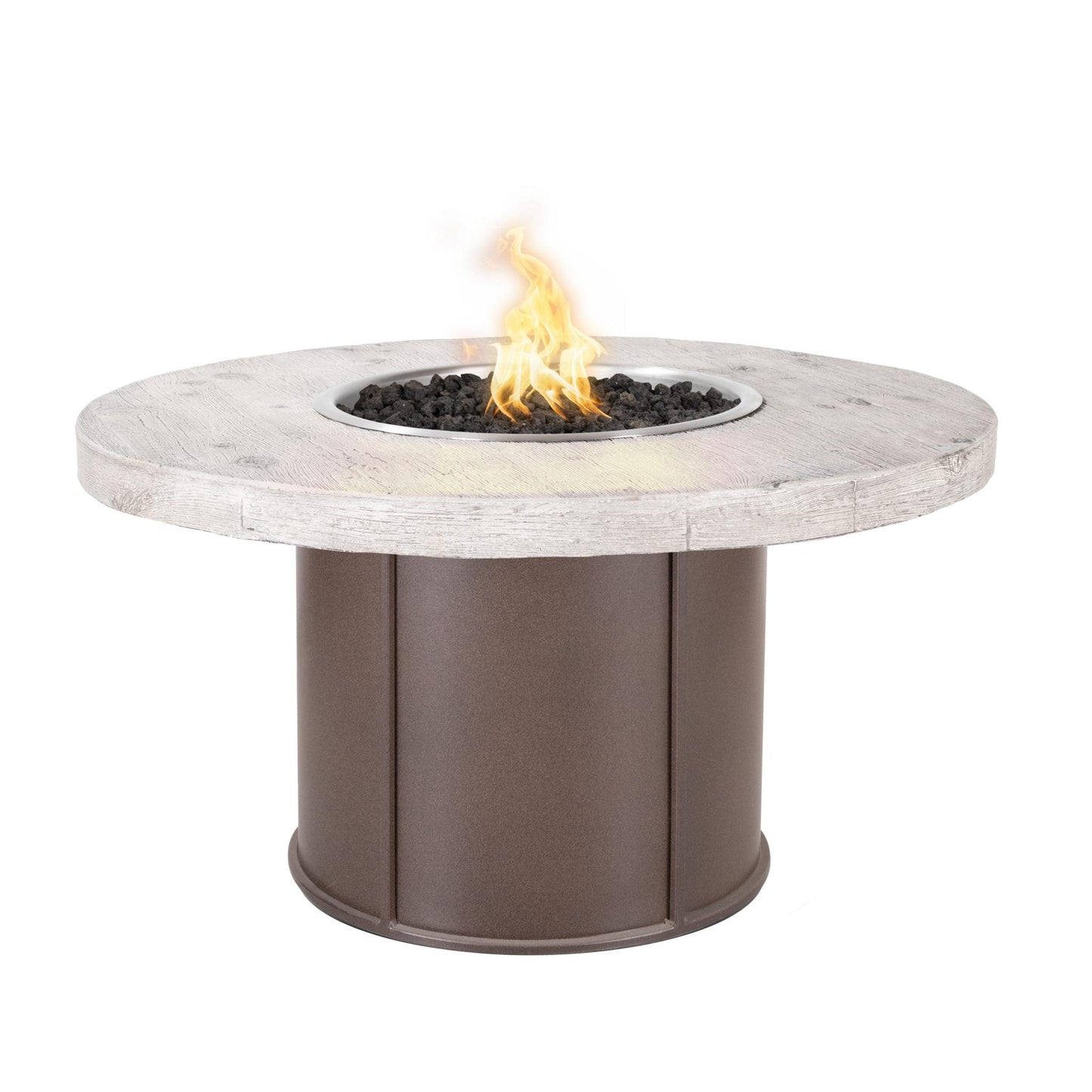 The Outdoor Plus Fresno 60" Oak Concrete Top & Java Powder Coat Base Wood Grain GFRC Natural Gas Fire Table with Flame Sense with Spark Ignition