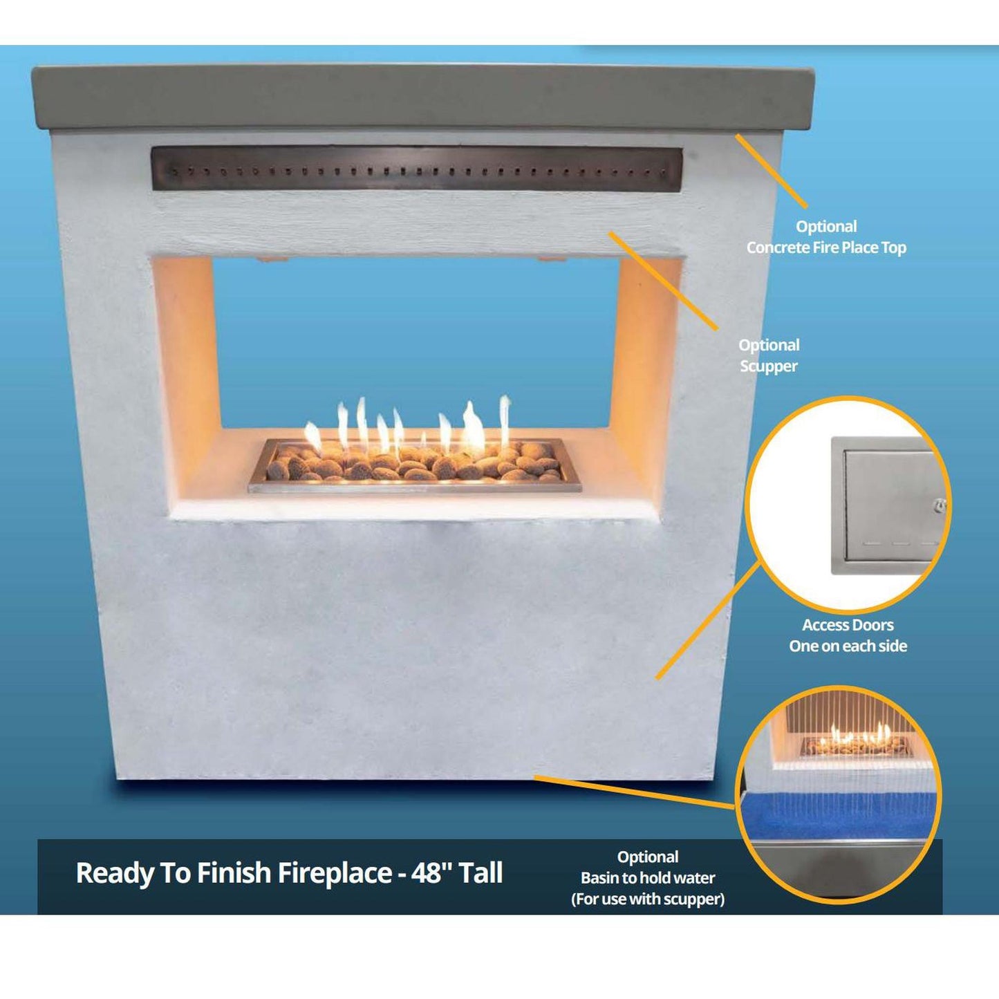 The Outdoor Plus Rectangular 60" Hardieboard & Steel Frame Liquid Propane Ready to Finish Fireplace with Match Lit Ignition