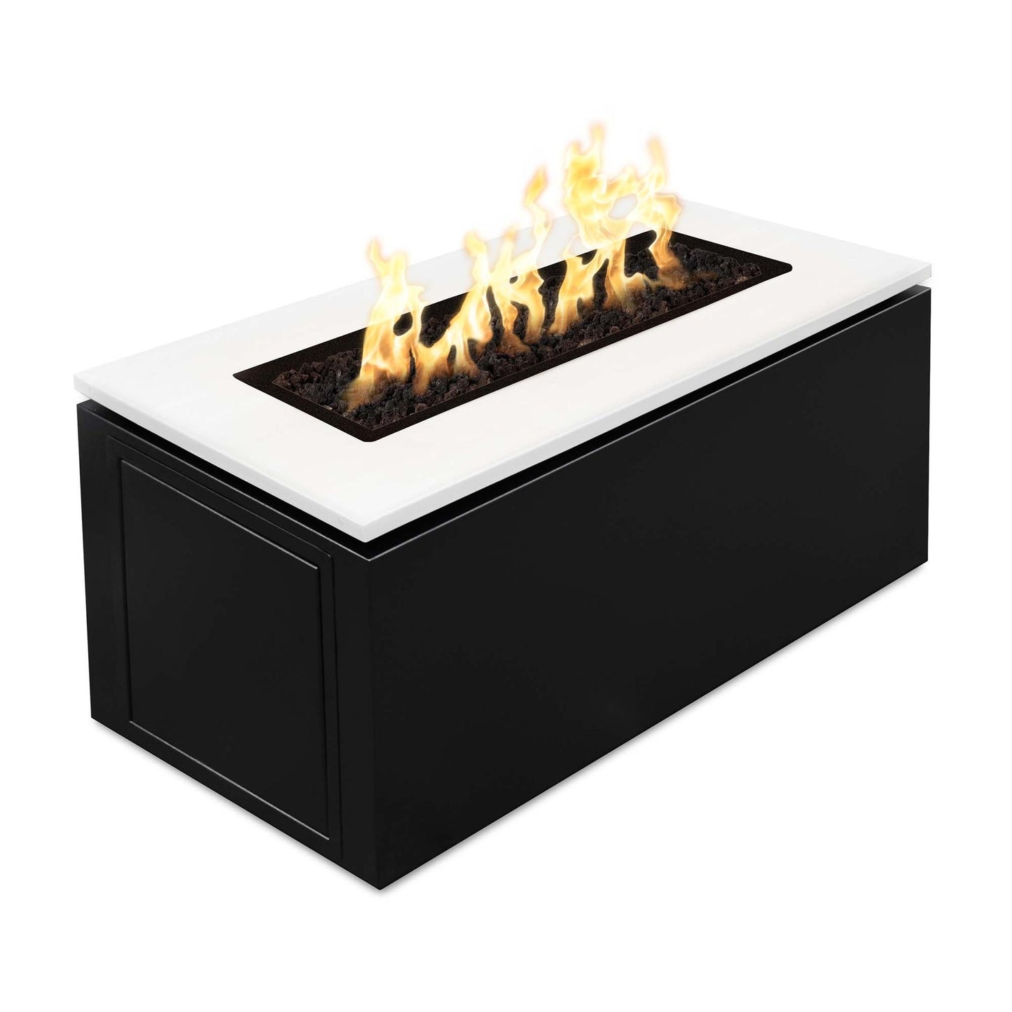 The Outdoor Plus Rectangular Merona 46" White Top & Black Base Powder Coated Metal Liquid Propane Fire Pit with 110V Electronic Ignition