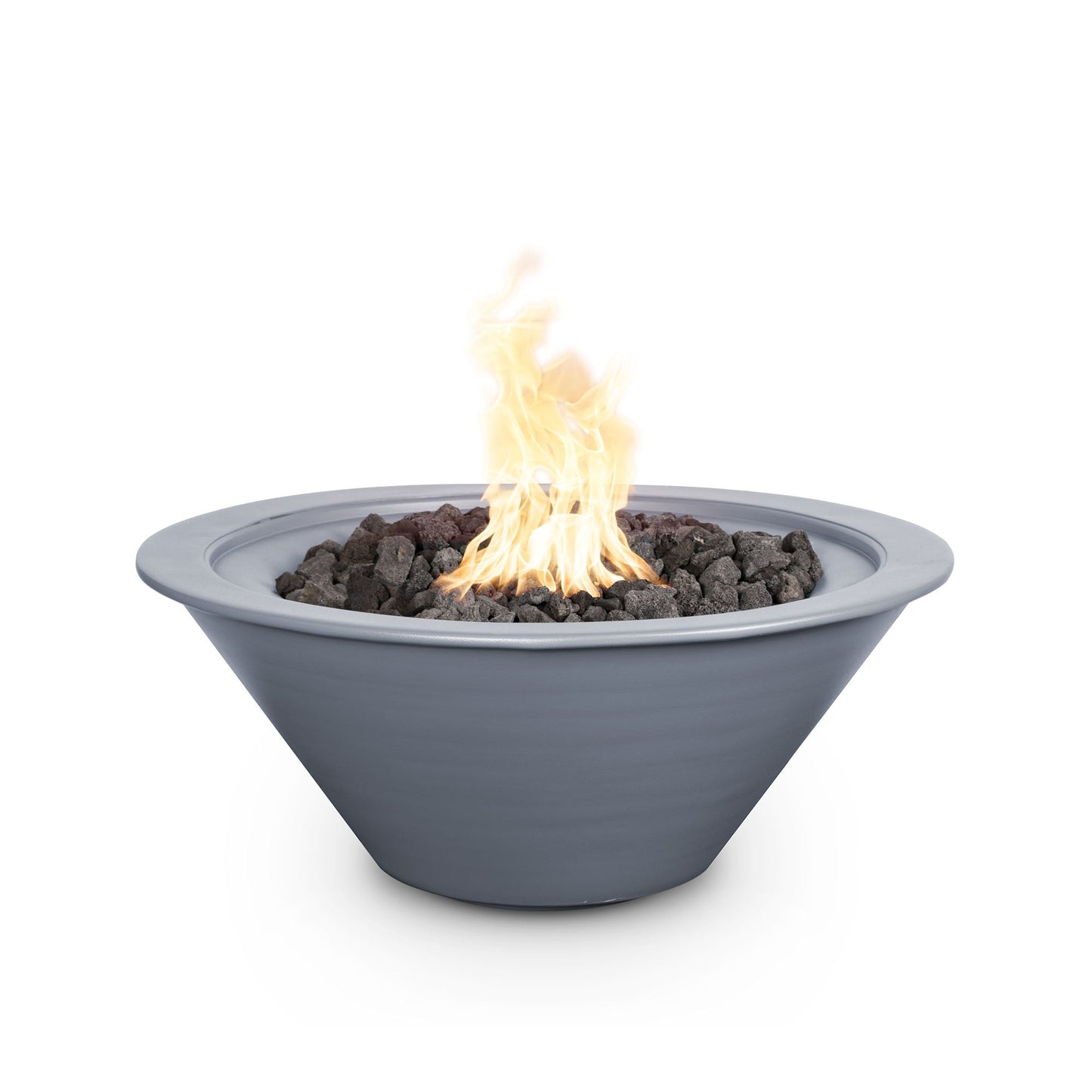 The Outdoor Plus Round Cazo 36" Gray Powder Coated Metal Liquid Propane Fire Bowl with Match Lit with Flame Sense Ignition