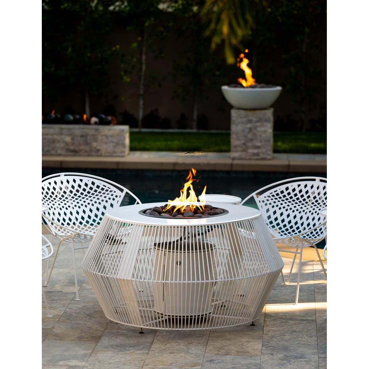 The Outdoor Plus Round Cesto 60" Black & White Powder Coated Metal Liquid Propane Fire Pit with Match Lit Ignition