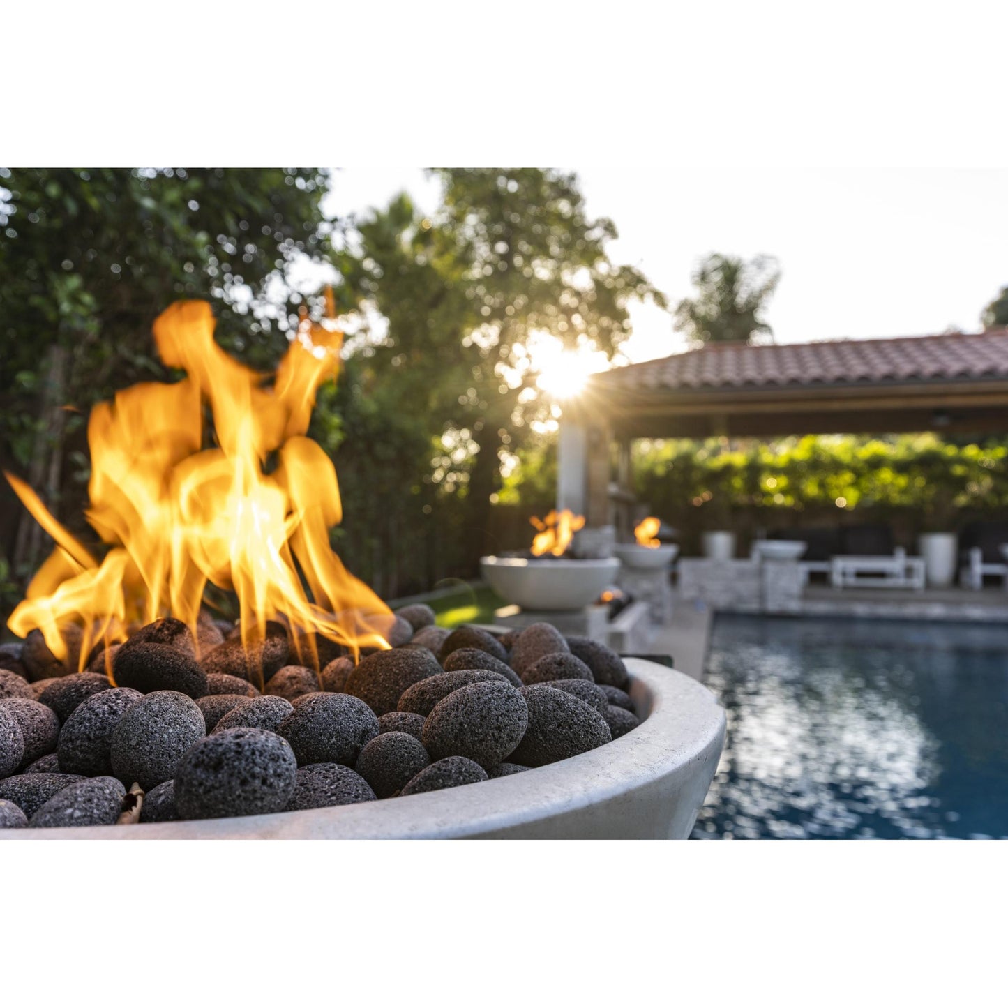 The Outdoor Plus Round Luna 30" Metallic Copper GFRC Concrete Liquid Propane Fire Bowl with Match Lit with Flame Sense Ignition