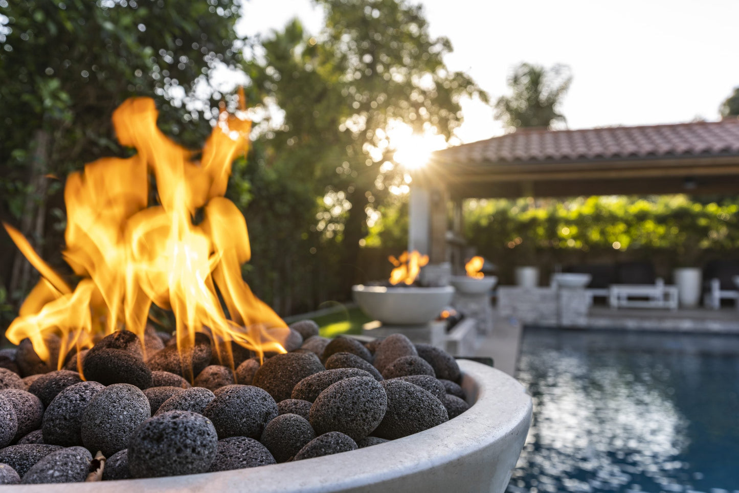 The Outdoor Plus Round Luna 38" Metallic Silver GFRC Concrete Liquid Propane Fire Bowl with Match Lit with Flame Sense Ignition