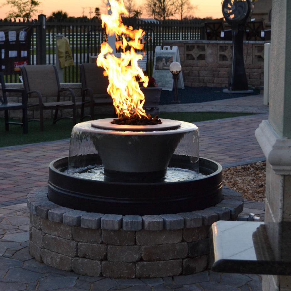The Outdoor Plus Round Olympian 86" Copper Natural Gas Fire & Water 360° Spill Fountain with 12V Electronic Ignition