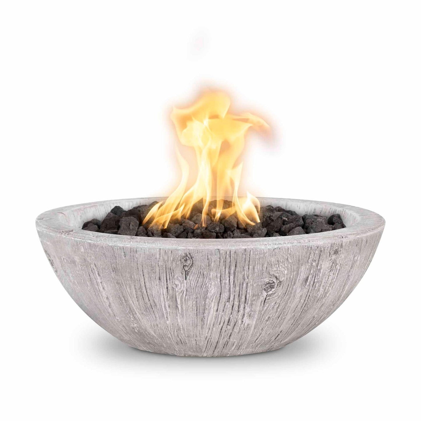 The Outdoor Plus Round Sedona 27" Ivory Wood Grain Liquid Propane Fire Bowl with Match Lit with Flame Sense Ignition