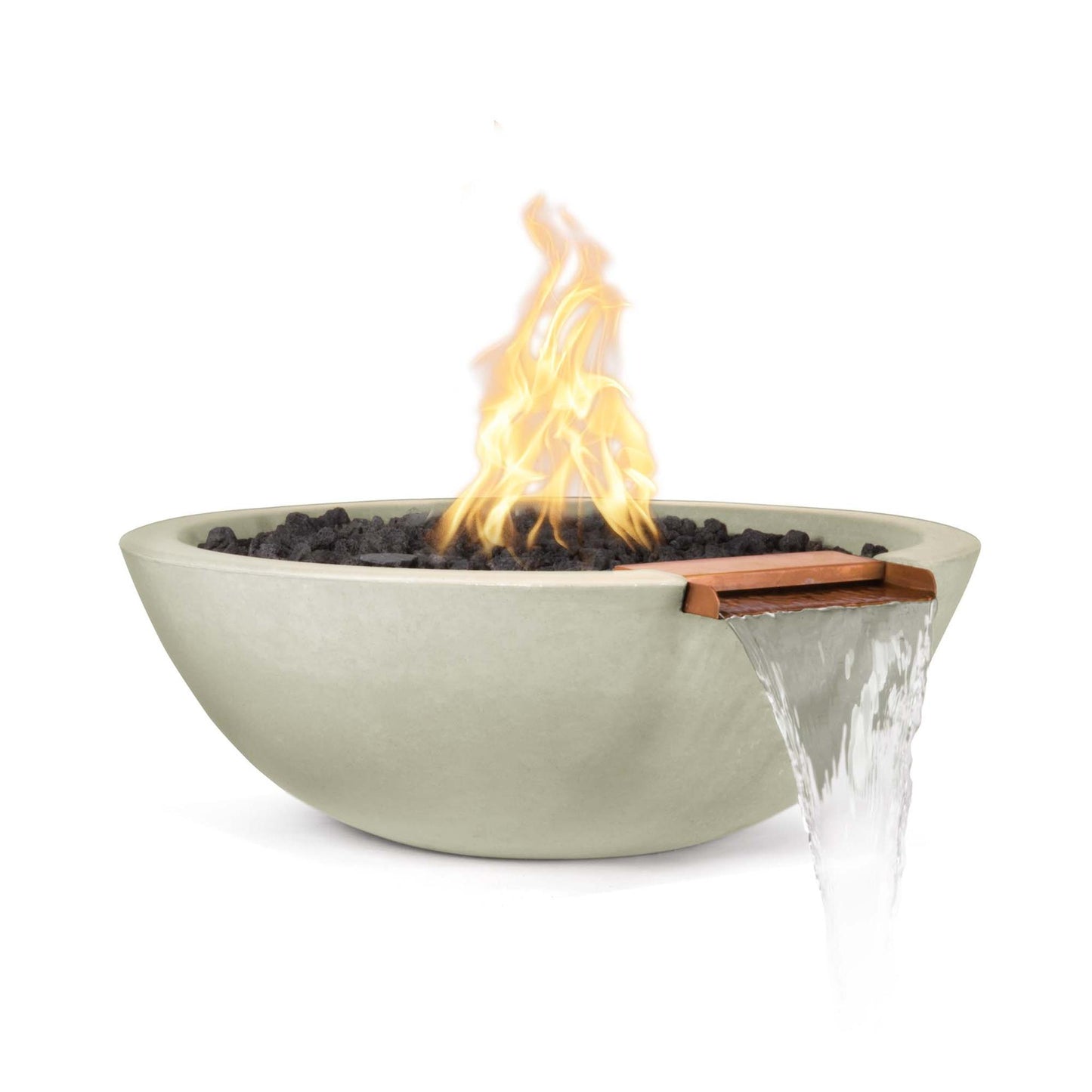 The Outdoor Plus Round Sedona 33" Vanilla GFRC Concrete Liquid Propane Fire & Water Bowl with Match Lit with Flame Sense Ignition