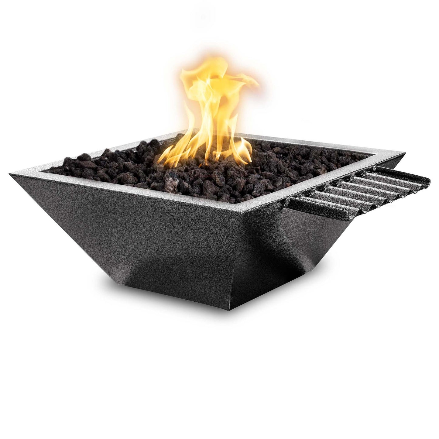 The Outdoor Plus Square Maya 24" Black Powder Coated Metal Natural Gas Fire & Water Bowl with Wave Scupper & 12V Electronic Ignition
