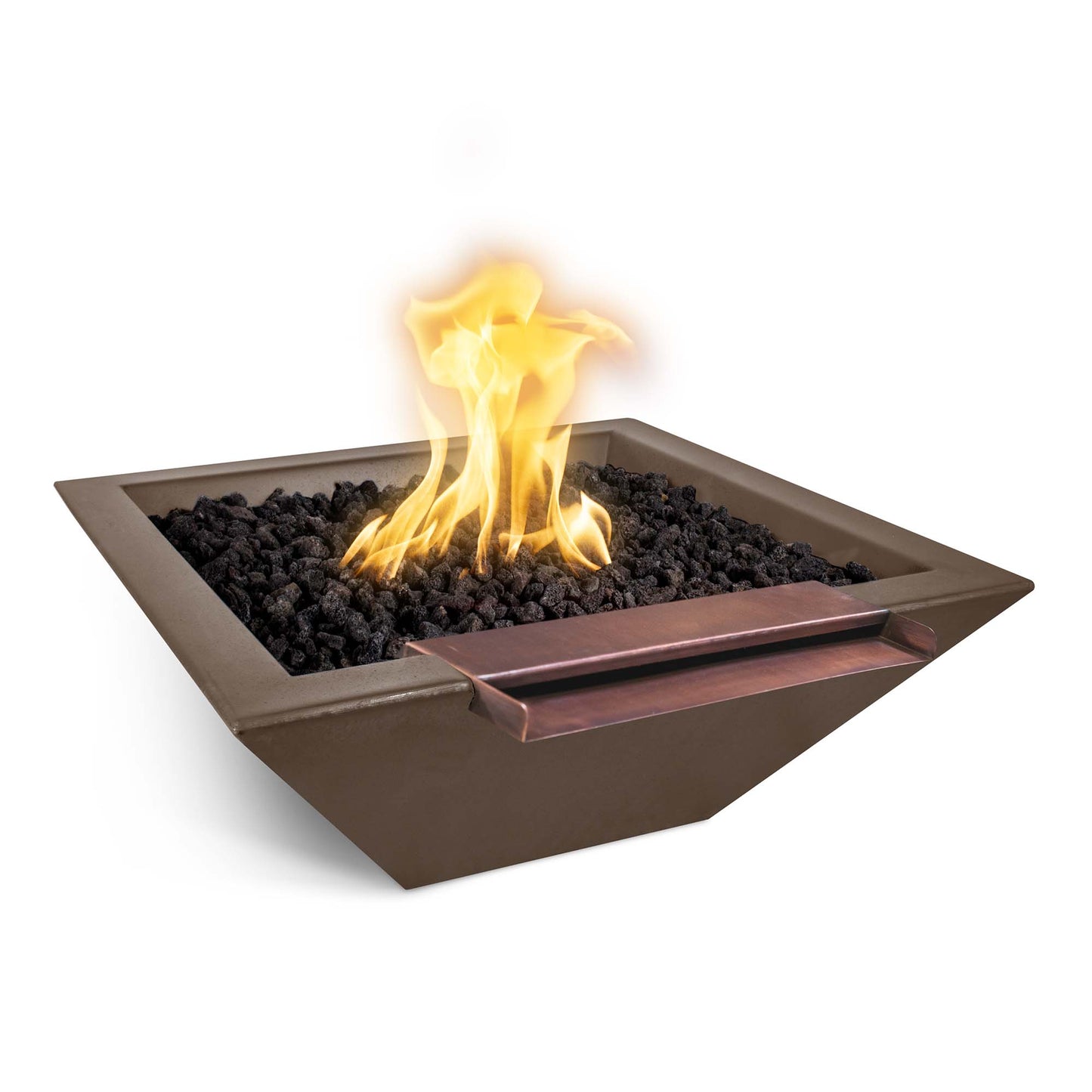 The Outdoor Plus Square Maya 24" Brown GFRC Concrete Natural Gas Fire & Wide Spill Water Bowl with Match Lit with Flame Sense Ignition