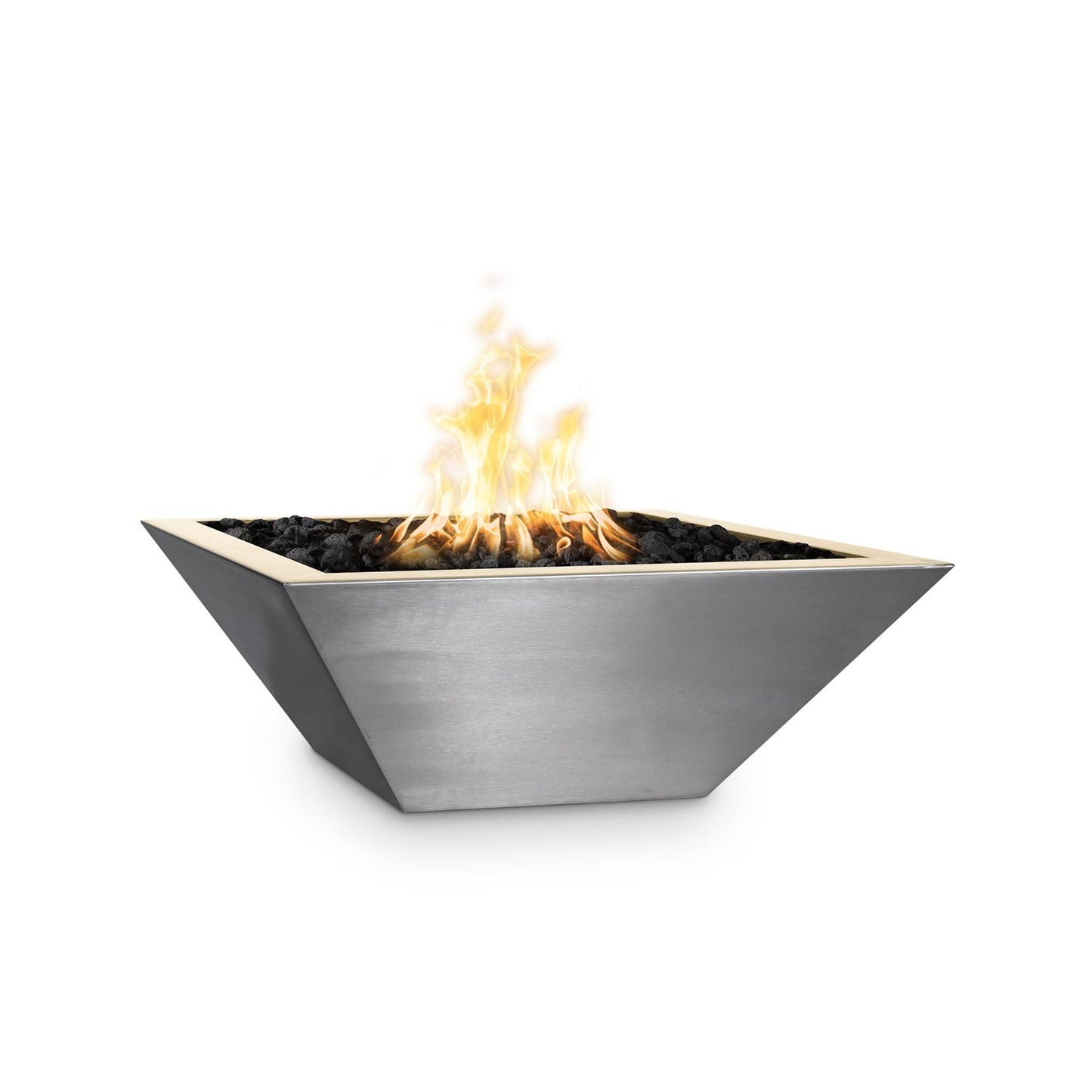 The Outdoor Plus Square Maya 24" Stainless Steel Natural Gas Fire Bowl with 12V Electronic Ignition
