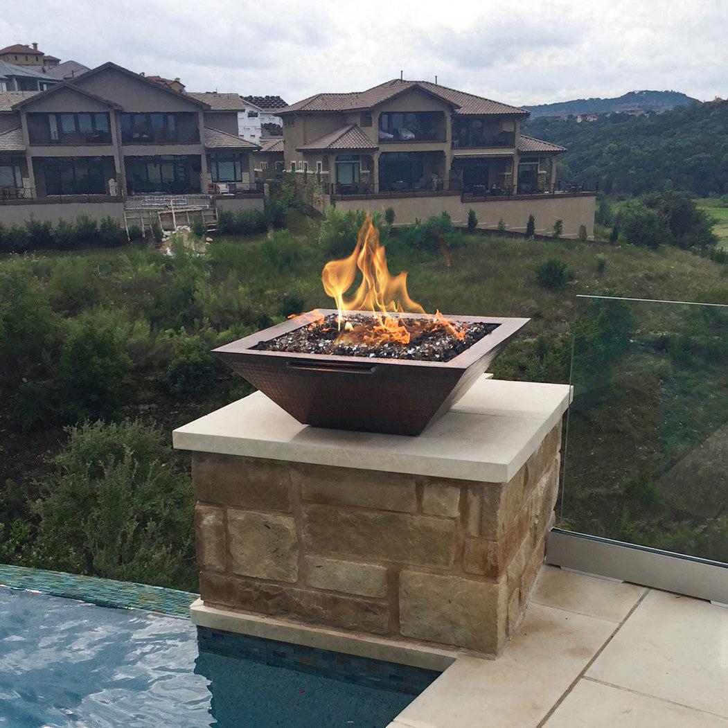 The Outdoor Plus Square Maya 30" Copper Liquid Propane Fire & Water Bowl with Match Lit with Flame Sense Ignition