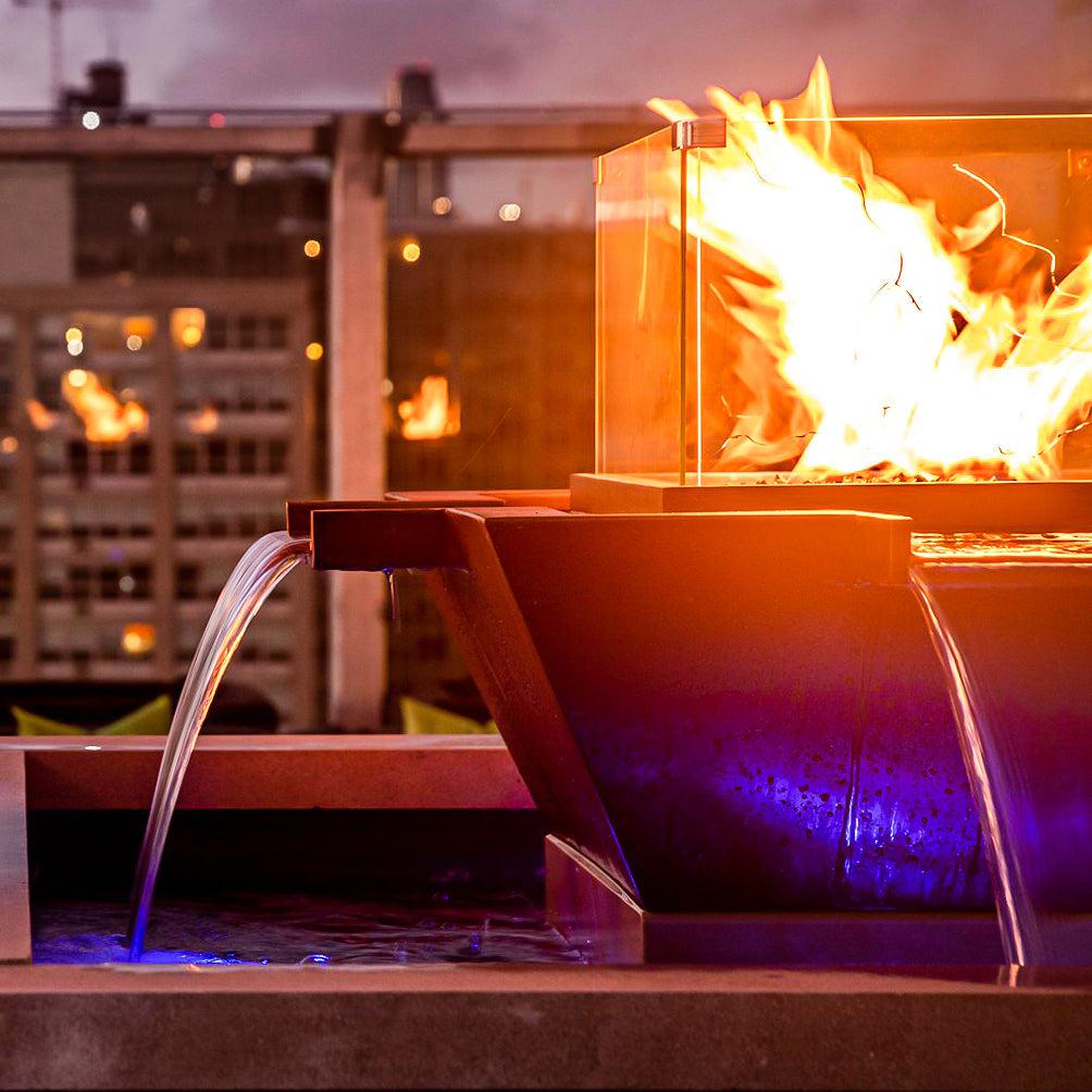The Outdoor Plus Square Maya 36" Gray Powder Coated Metal Liquid Propane Fire & Water Bowl 4-Way Spill with 12V Electronic Ignition