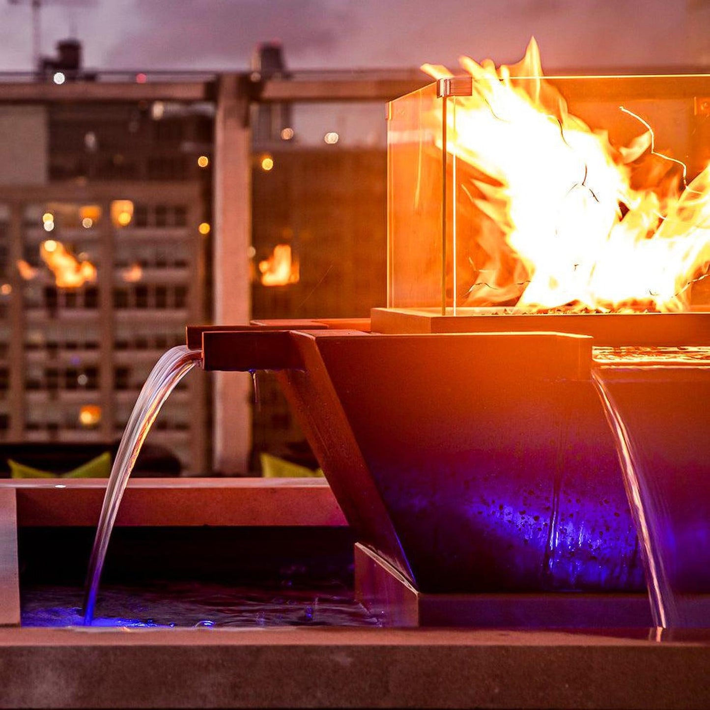 The Outdoor Plus Square Maya 36" Silver Vein Powder Coated Metal Liquid Propane Fire & Water Bowl 4-Way Spill with 12V Electronic Ignition