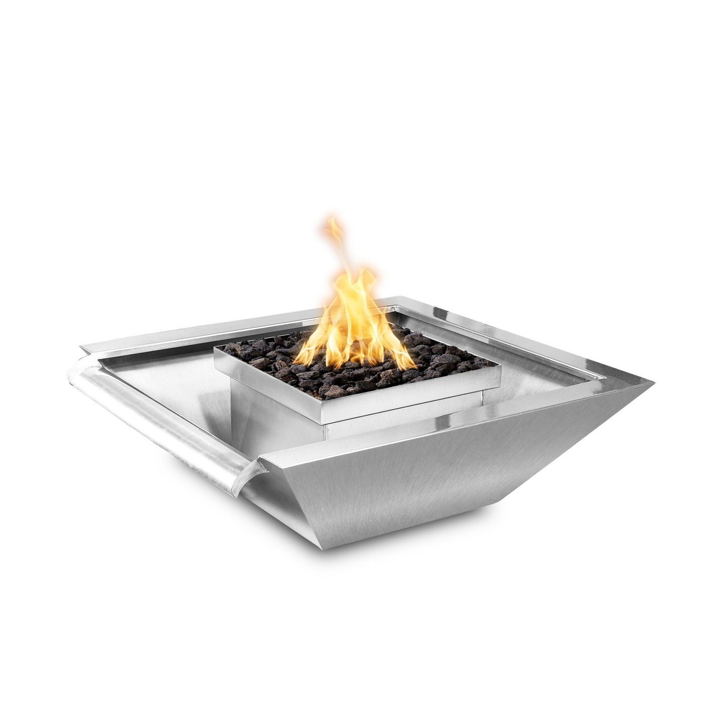 The Outdoor Plus Square Maya 36" Stainless Steel Liquid Propane Fire & Water Bowl Wide Gravity Spill with 12V Electronic Ignition