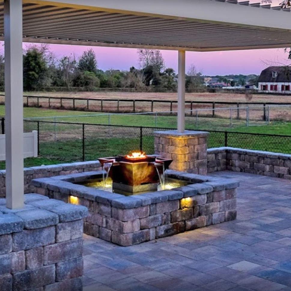 The Outdoor Plus Square Olympian 60" Copper Liquid Propane Fire & 4-Way Spill Water Fountain with 12V Electronic Ignition