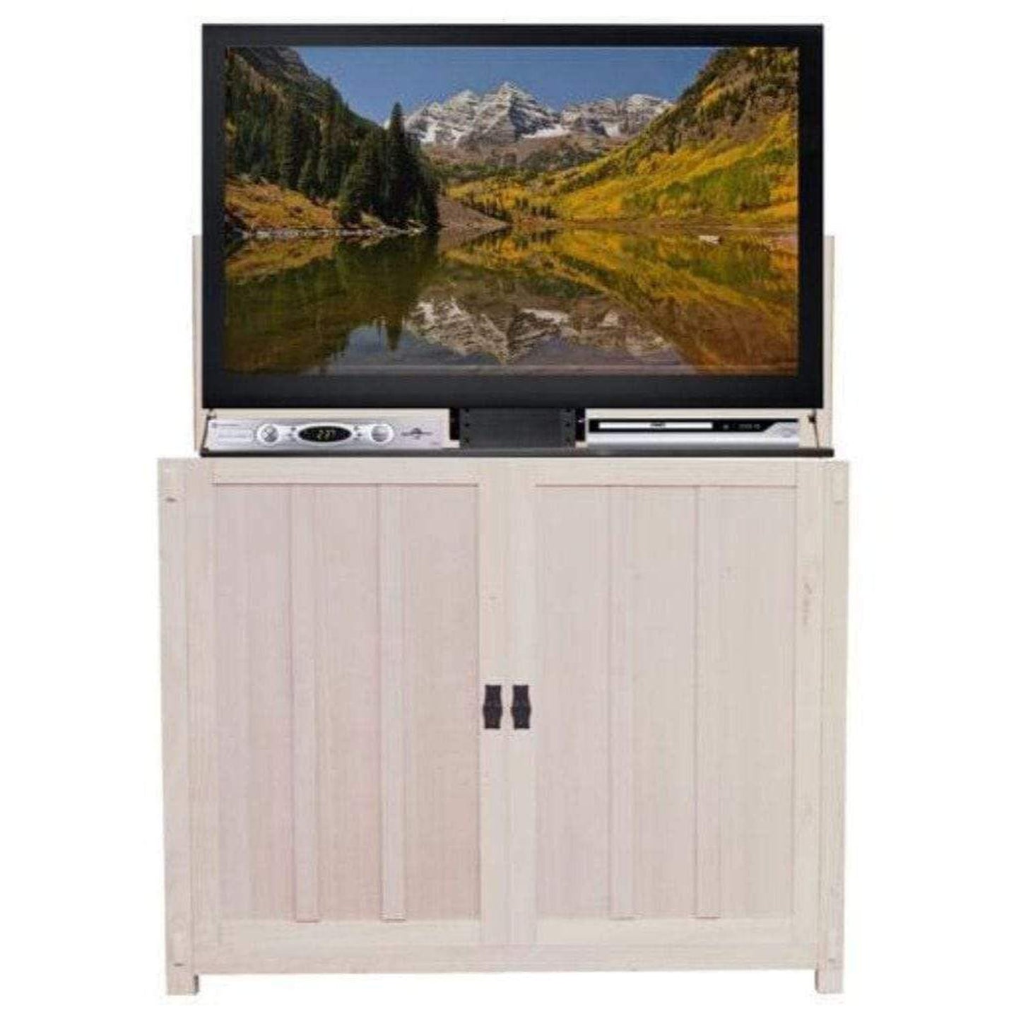 Touchstone Elevat Oak Unfinished Unfinished Mission Style Smart TV Lift Cabinet for 50" Flat Screen TVs With SRV TV Lift w/Swivel