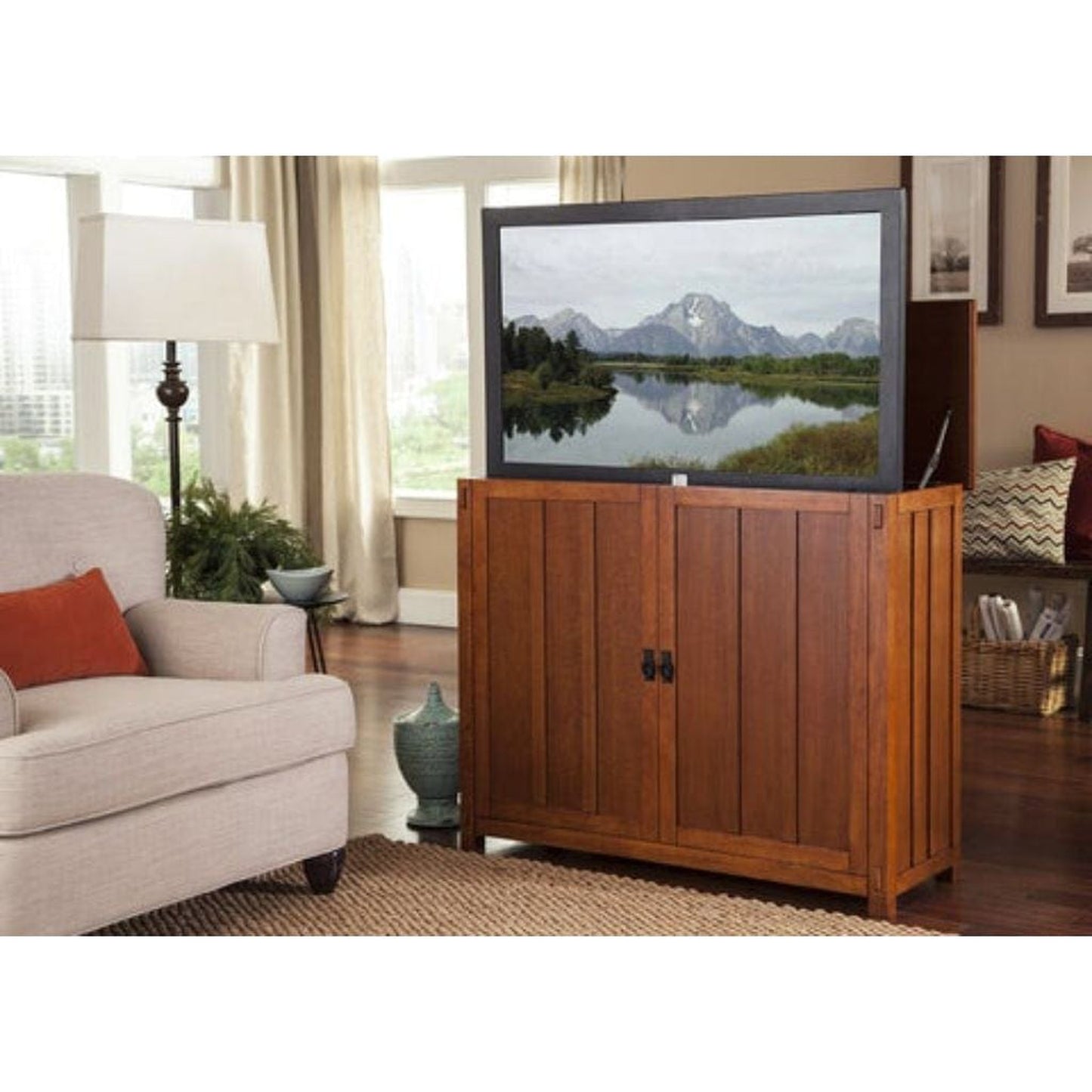 Touchstone Elevate Mission Oak Style Smart TV Lift Cabinet for 50" Flat Screen TVs With SRV TV Lift w/Swivel