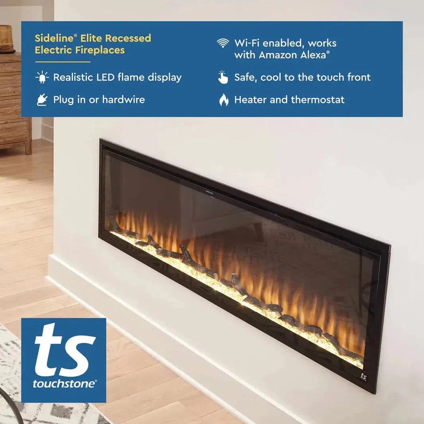 Touchstone Sideline Elite Smart 100" WiFi-Enabled Recessed Electric Fireplace (Alexa/Google Compatible)