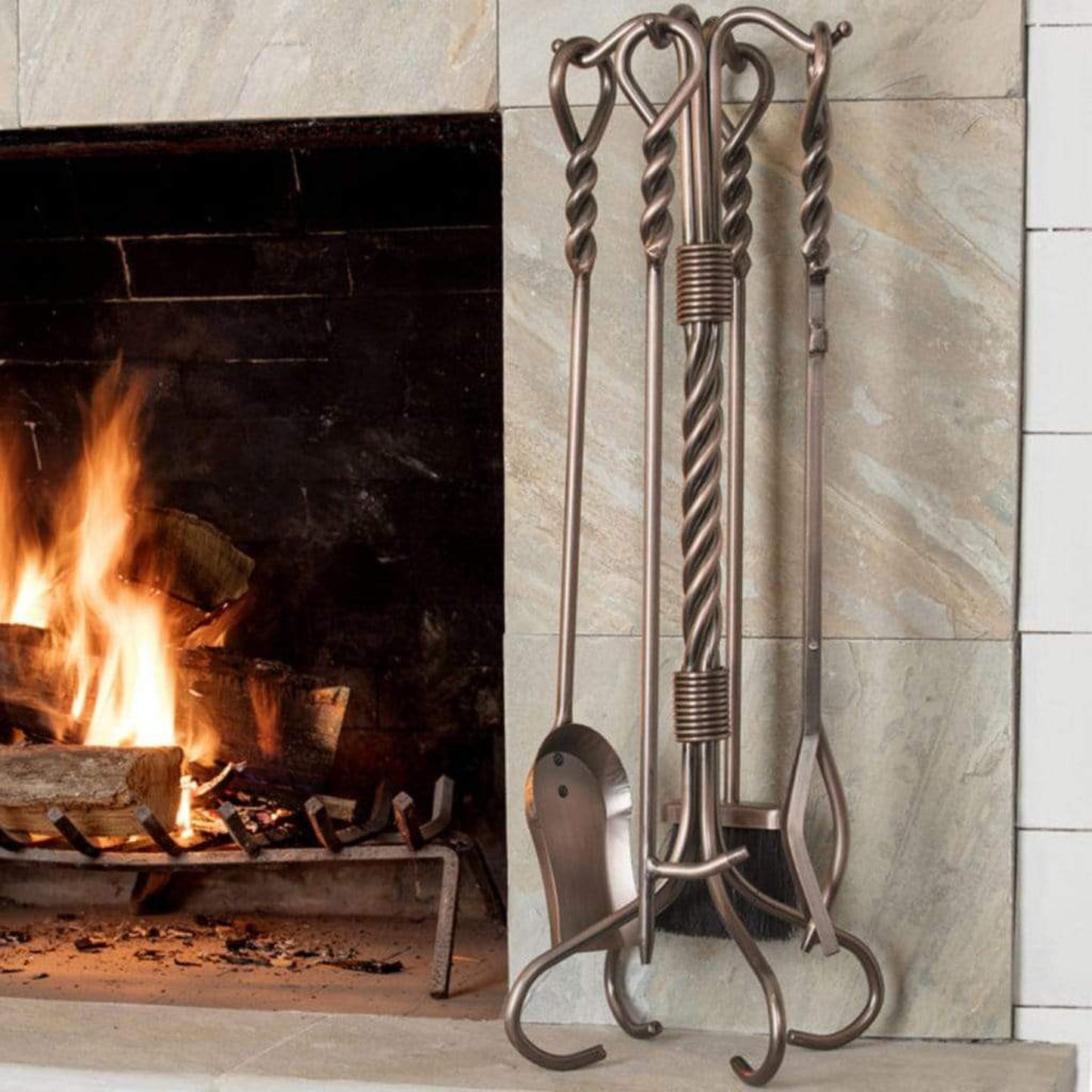 UniFlame 30" F-1311 5-Piece Antique Copper Finish Fireset w/ Ring/Twist Handles