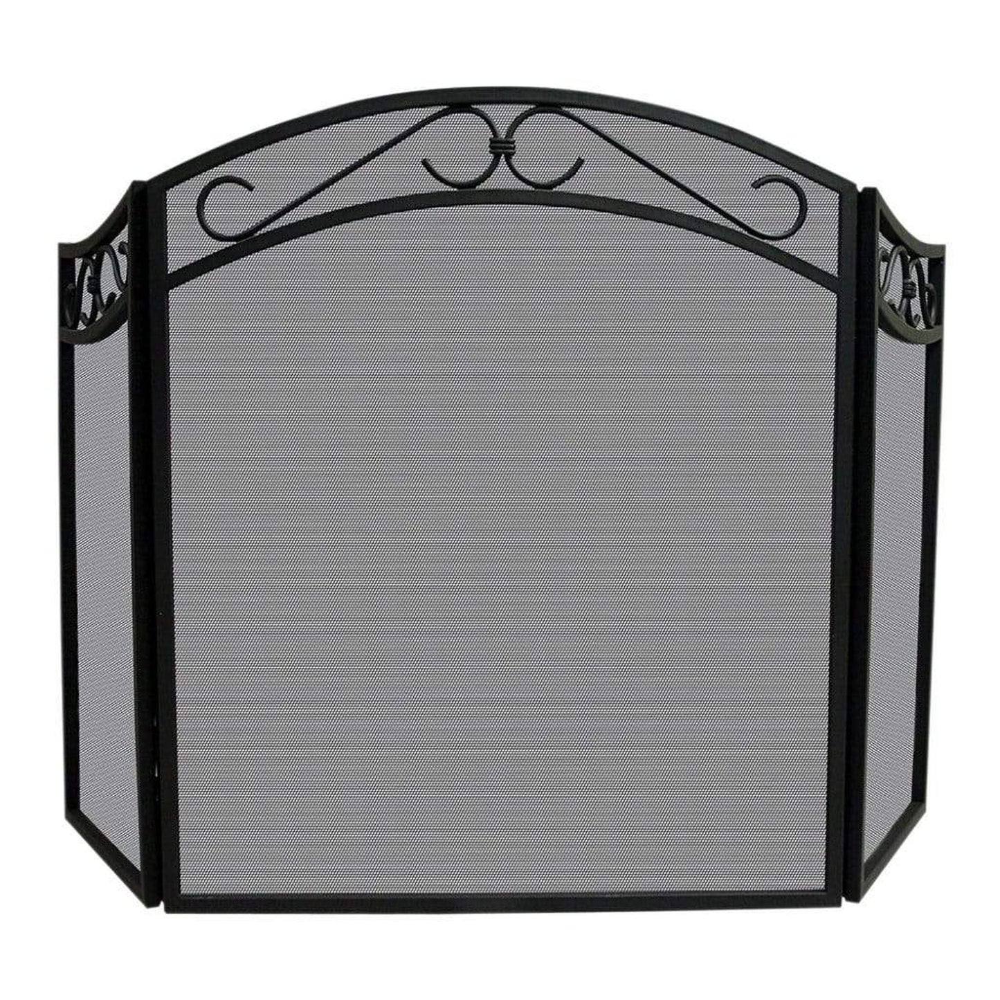 UniFlame 51" S-1088 3 Fold Black Wrought Iron Arch Top Screen w/ Decorative Scrolls