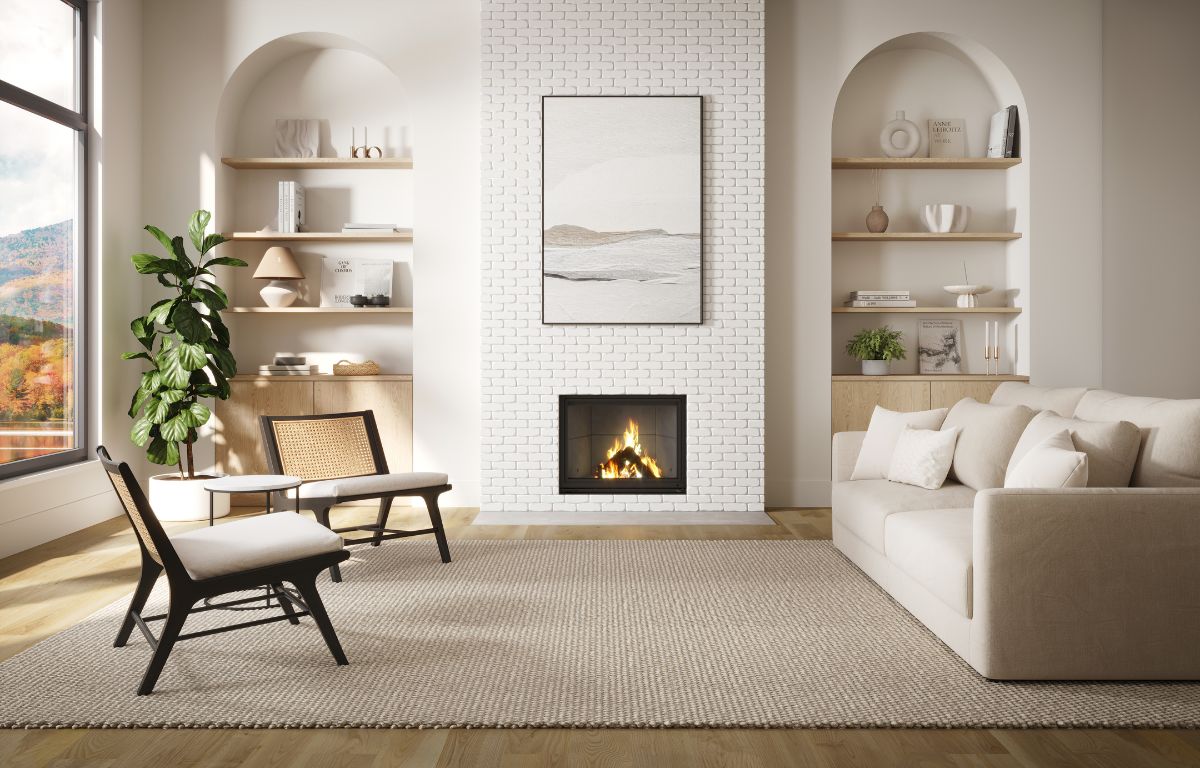 Valcourt Antoinette Decorative Wood Fireplace With Contemporary Moulded Refractory Brick Panels & Straight Masonry Finishing Trim