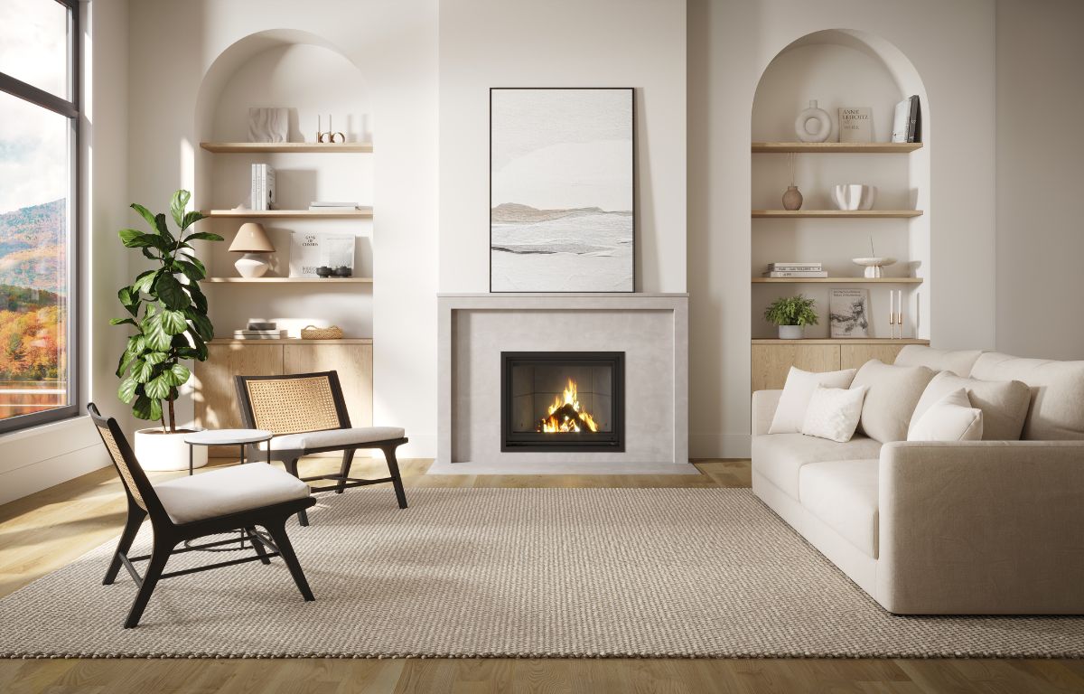 Valcourt Antoinette Decorative Wood Fireplace With Contemporary Moulded Refractory Brick Panels & Straight Narrow Overlap Finishing Trim