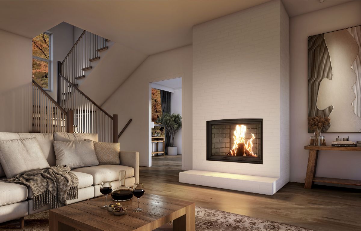 Valcourt Frontenac Decorative Wood Fireplace With Classic Moulded Brick Panels & Arched Masonry Finishing Trim