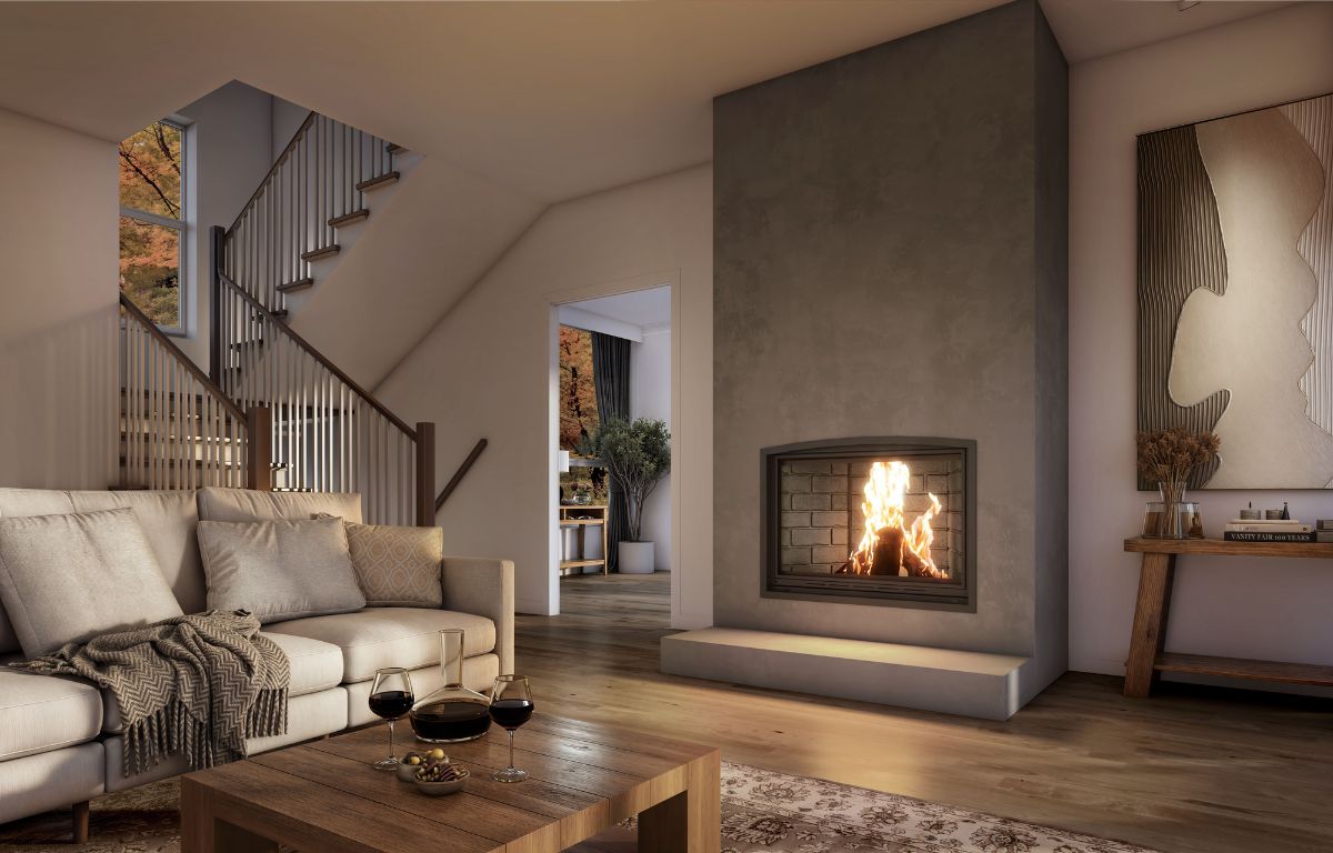 Valcourt Frontenac Decorative Wood Fireplace With Contemporary Moulded Brick Panels & Arched Narrow Overlap Finishing Trim