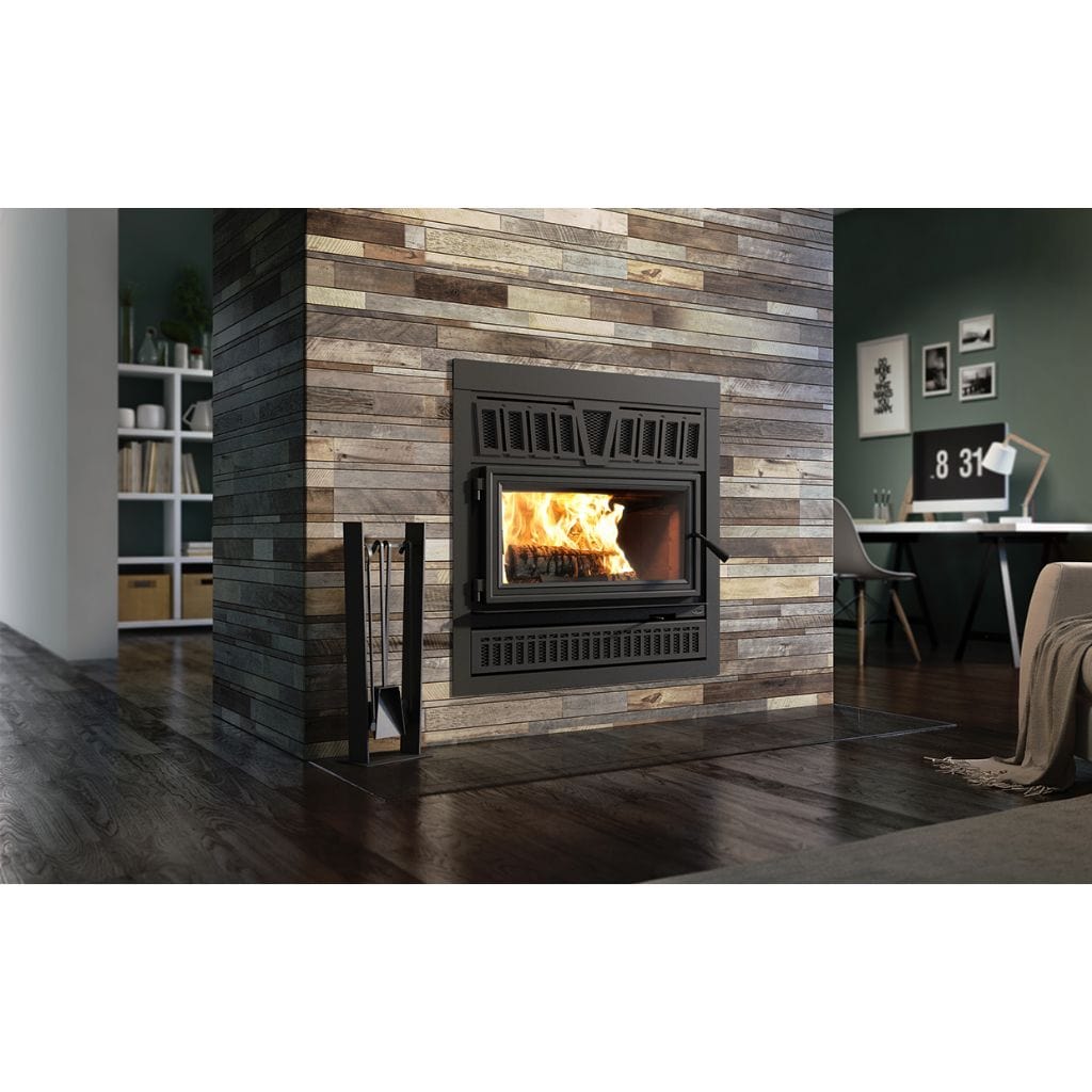 Valcourt Lafayette IIS Wood Fireplace With Black Door Overlay, Black Square Faceplate, & Crown Style Faceplate Louver