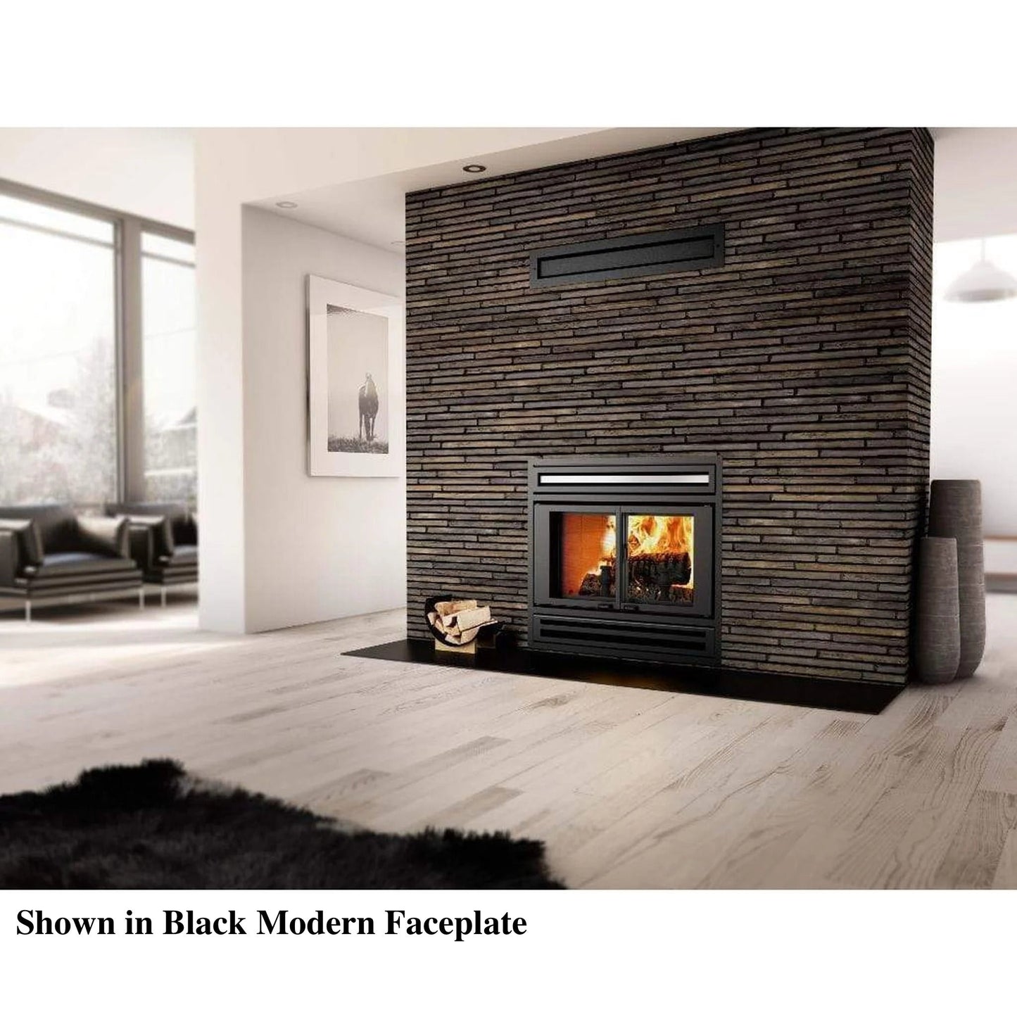 Valcourt Manoir Wood Burning Fireplace With Black Modern Faceplate Louver
