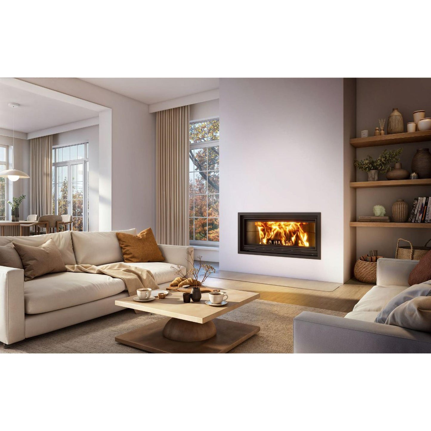 Valcourt Saint-Laurent Decorative Linear Wood Fireplace With Contemporary Moulded Brick Panel & Straight Narrow Overlap Finishing Trim