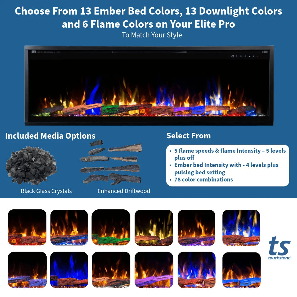 Touchstone Sideline Elite Pro 60" Smart Recessed Electric Fireplace
